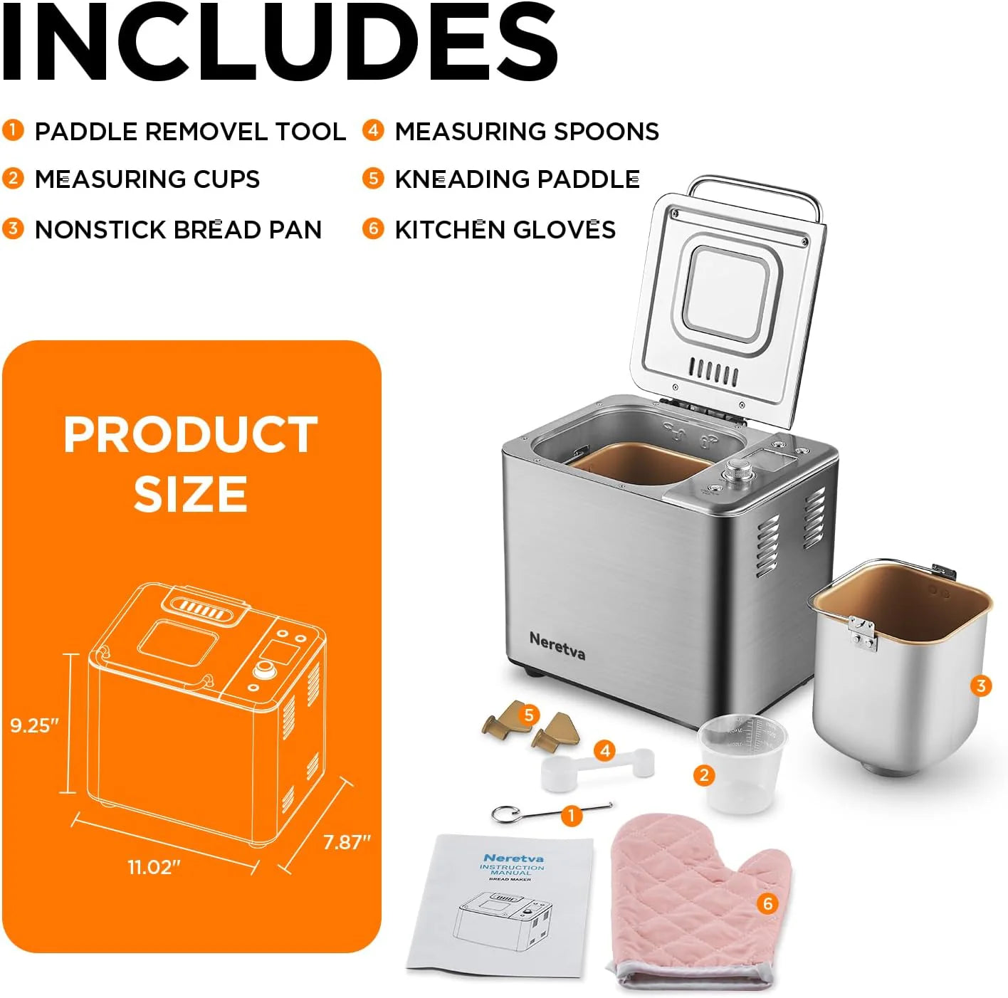 Neretva Bread Maker, 20-in-1 2LB Bread Maker Dual Heater Bread Maker Automatic with Non-Stick Ceramic Pan