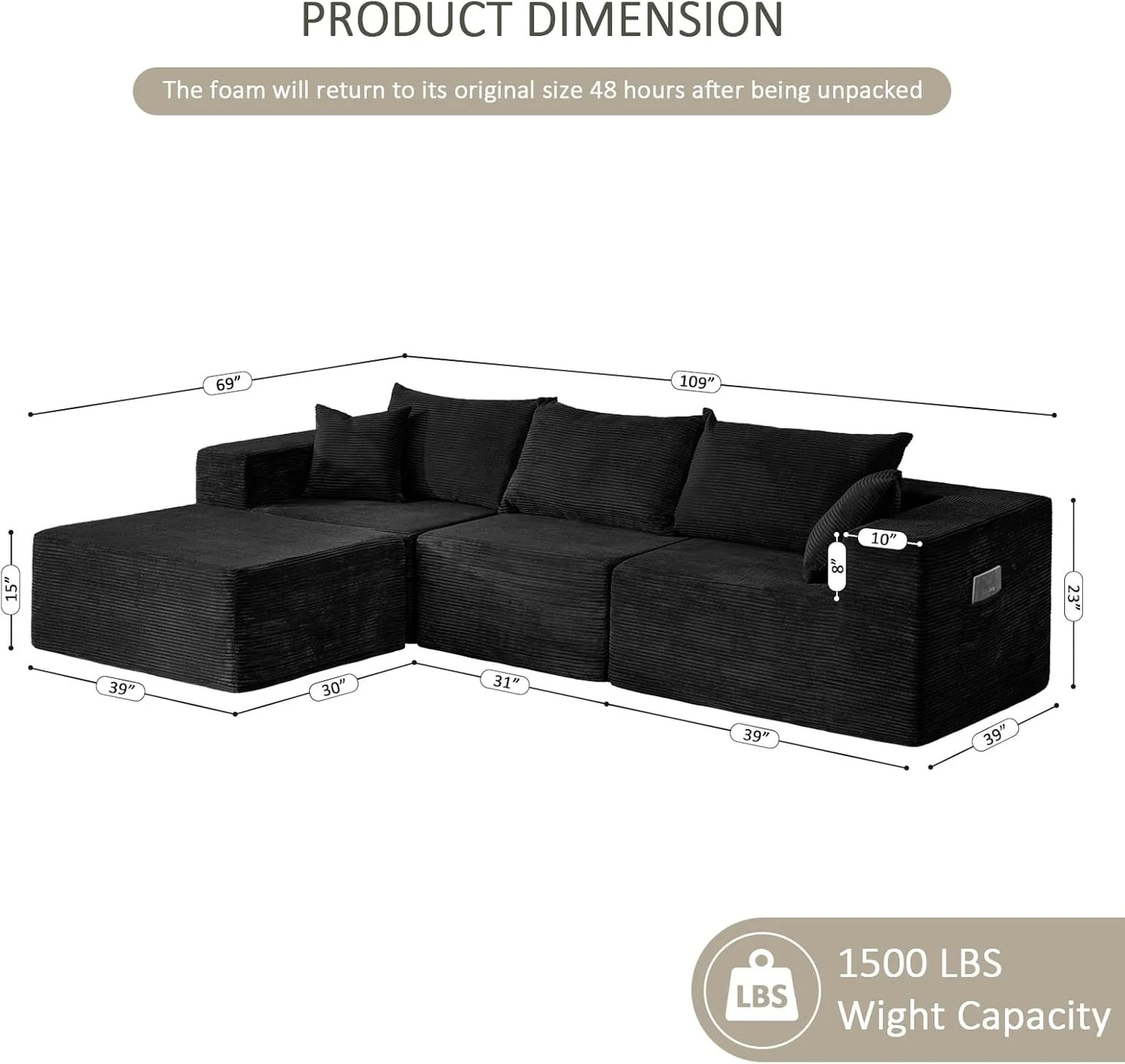 Cloud sofa with L-shaped lounge chair, modern modular sofa with deep seats