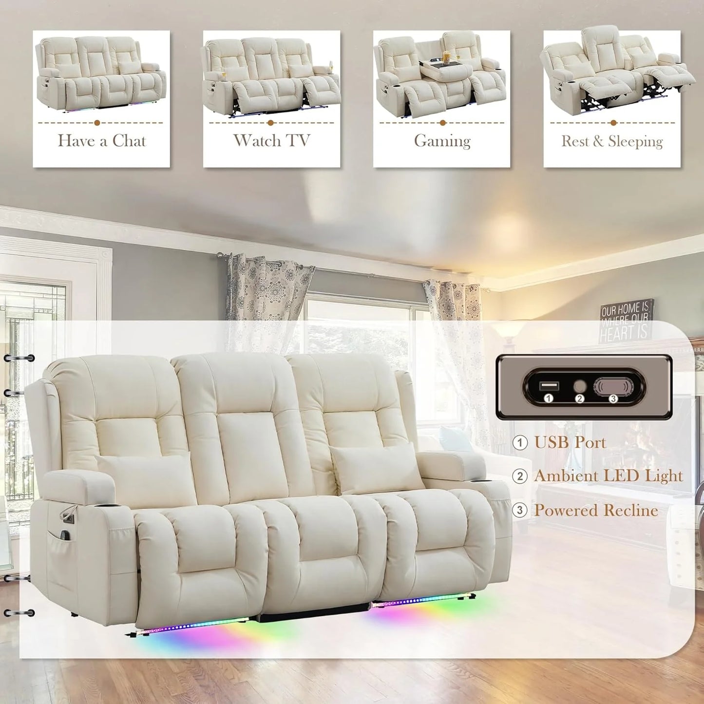 TUNYI Power Loveseat Recliner Sofa with Massage & Heat Home Theater Seating with Console Electric Recliner RV Sofa with USB/Outlet/Storage/Side Pocket/LED Light/Speaker (Brown, Loveseat)