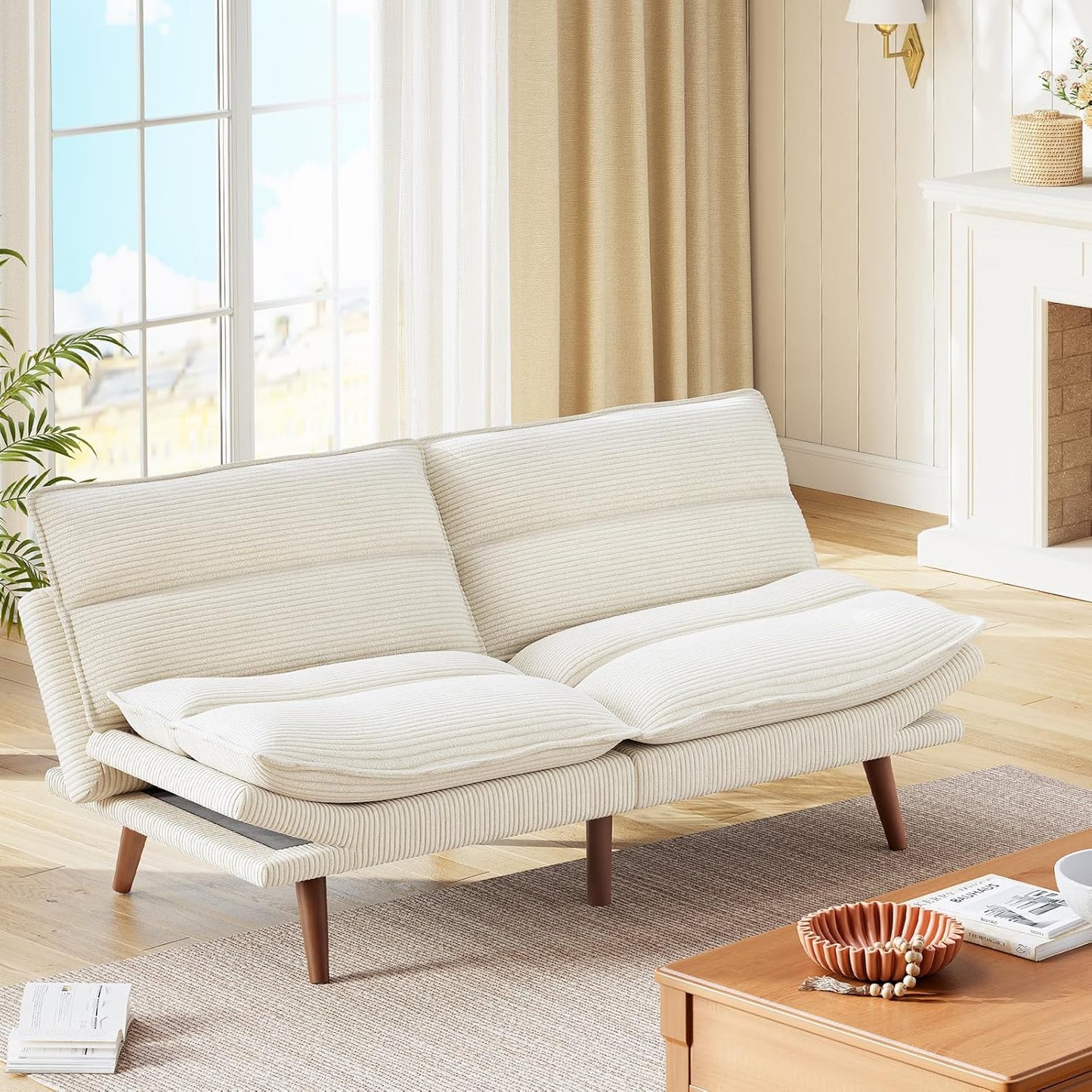 Futon Sofa Bed, Futon Sofa with Adjustable Back and Armrests, Converts to Small Sleeper Sofa Bed Corduroy Loveseat Green