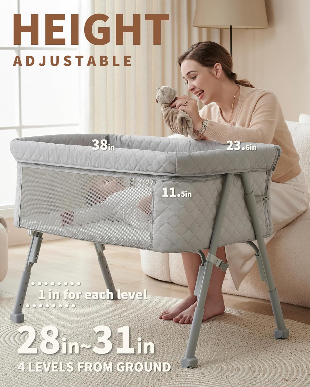 Bassinet Bedside Sleeper, Baby Crib for Newborn, Baby Bassinets Bedside Sleeper with 4 Auto-Lock & Adjustable Height, Breathable Mesh & Mattress