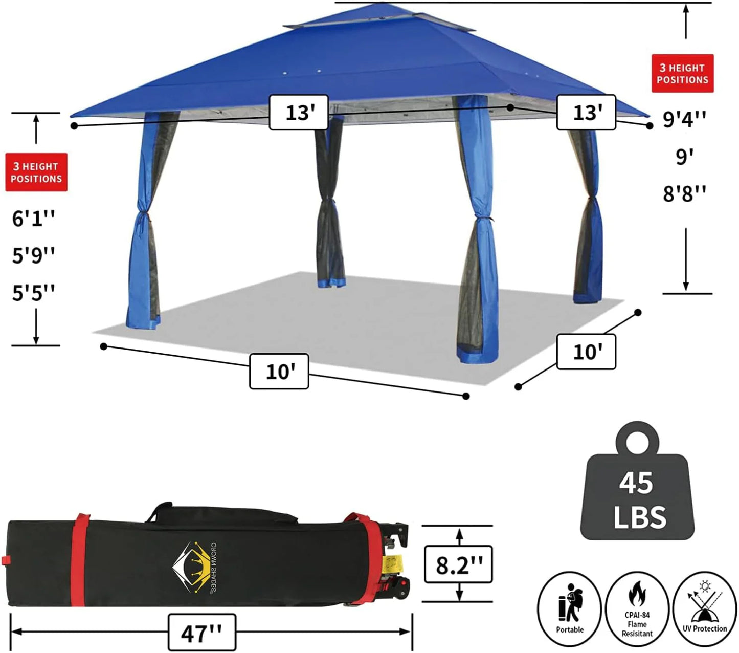 CROWN SHADES 13x13 Pop Up Gazebo, Canopy Tent, Gazebos on Clearance - Outdoor Gazebo for Backyard & Patio Furniture - Carpa Pop Up Tent with Wheeled STO-N-Go Cover Bag (White)