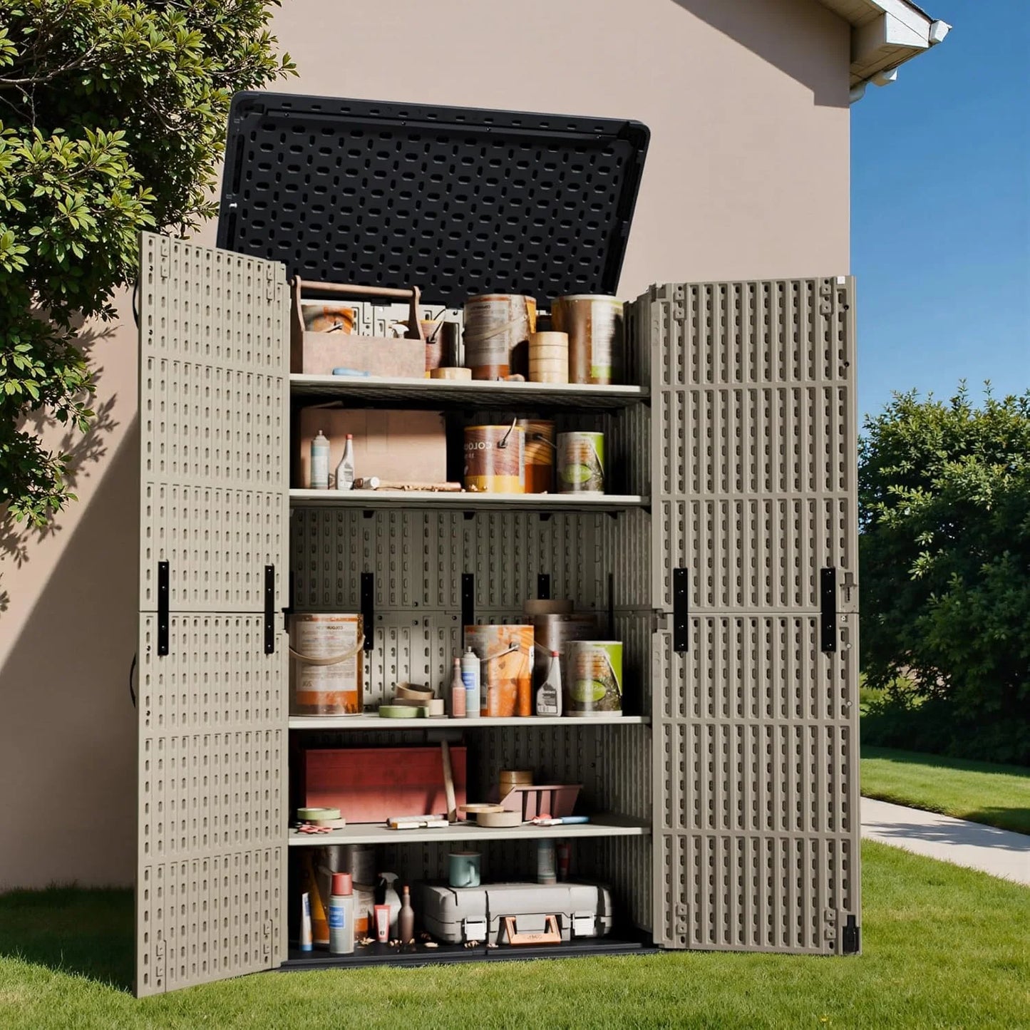 Greesum Outdoor Horizontal Storage Shed 27 Cu.ft Resin Large Storage Box for Garden, Patio, Backyard