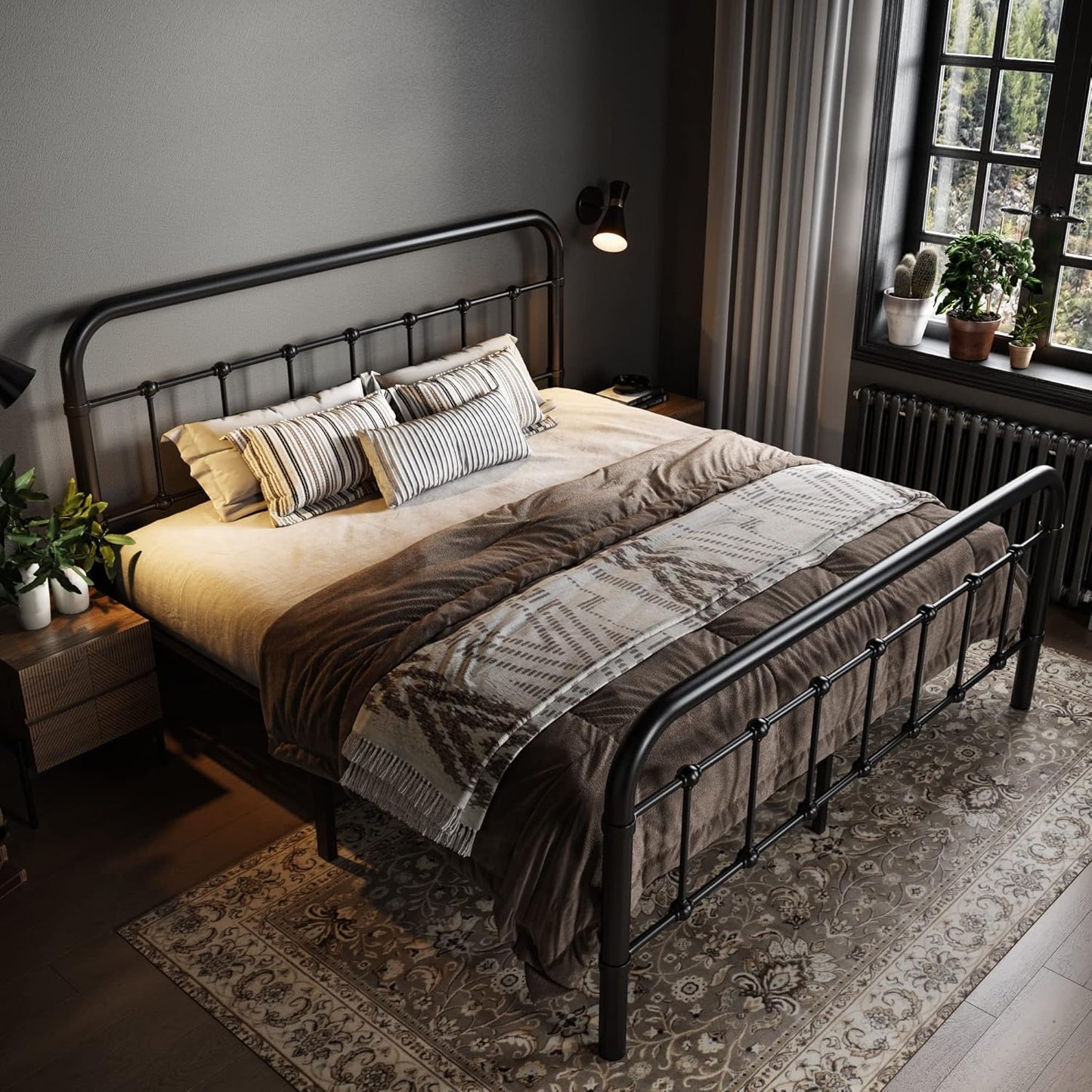 Allewie Queen Size Metal Platform Bed Frame with Victorian Style Wrought Iron-Art Headboard/Footboard, No Box Spring Required