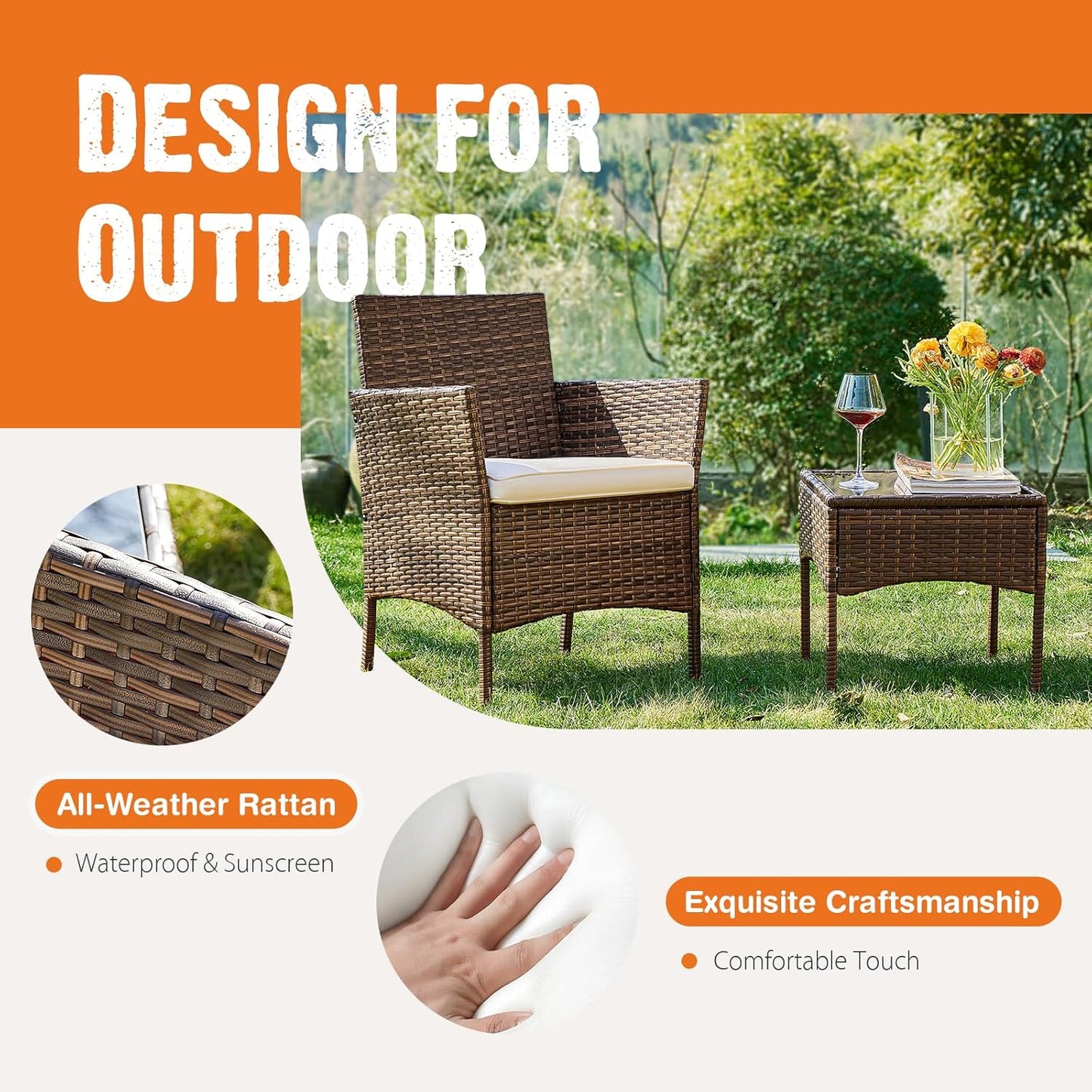 Sweetcripy Patio Furniture Set 3 Pieces, Outdoor Furniture with Soft Cushion and Glass Table, All Weather Manual Weaving Wicker Rattan Patio Chairs for Garden, Terrace, Porch(Black and Beige)