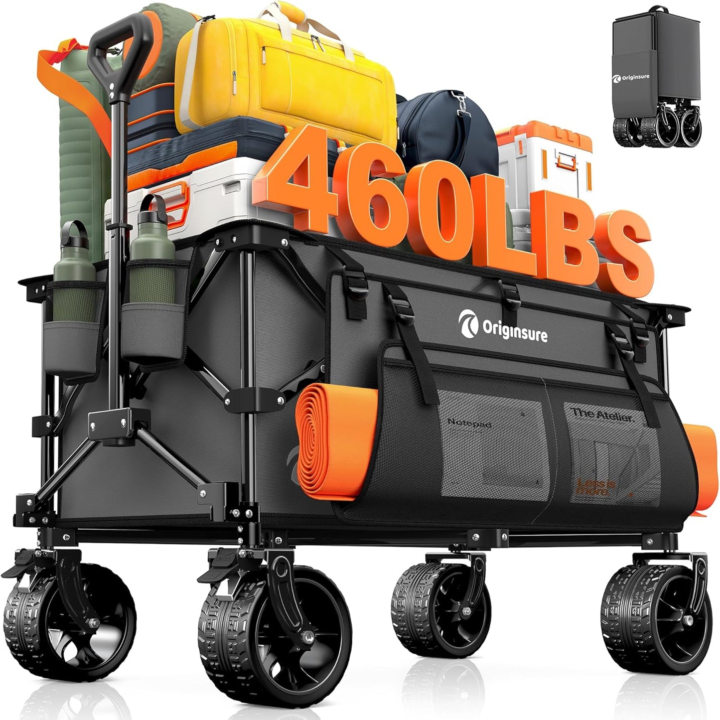 38" long foldable four-wheel stroller, foldable, 460 lb capacity, 220 liter heavy-duty folding beach stroller with large all-terrain tires