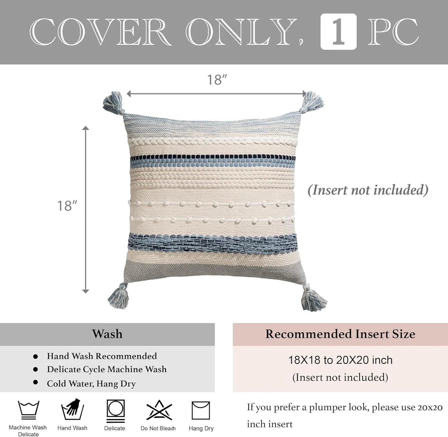 Blue Boho Decorative Throw Pillow Cover 20x20