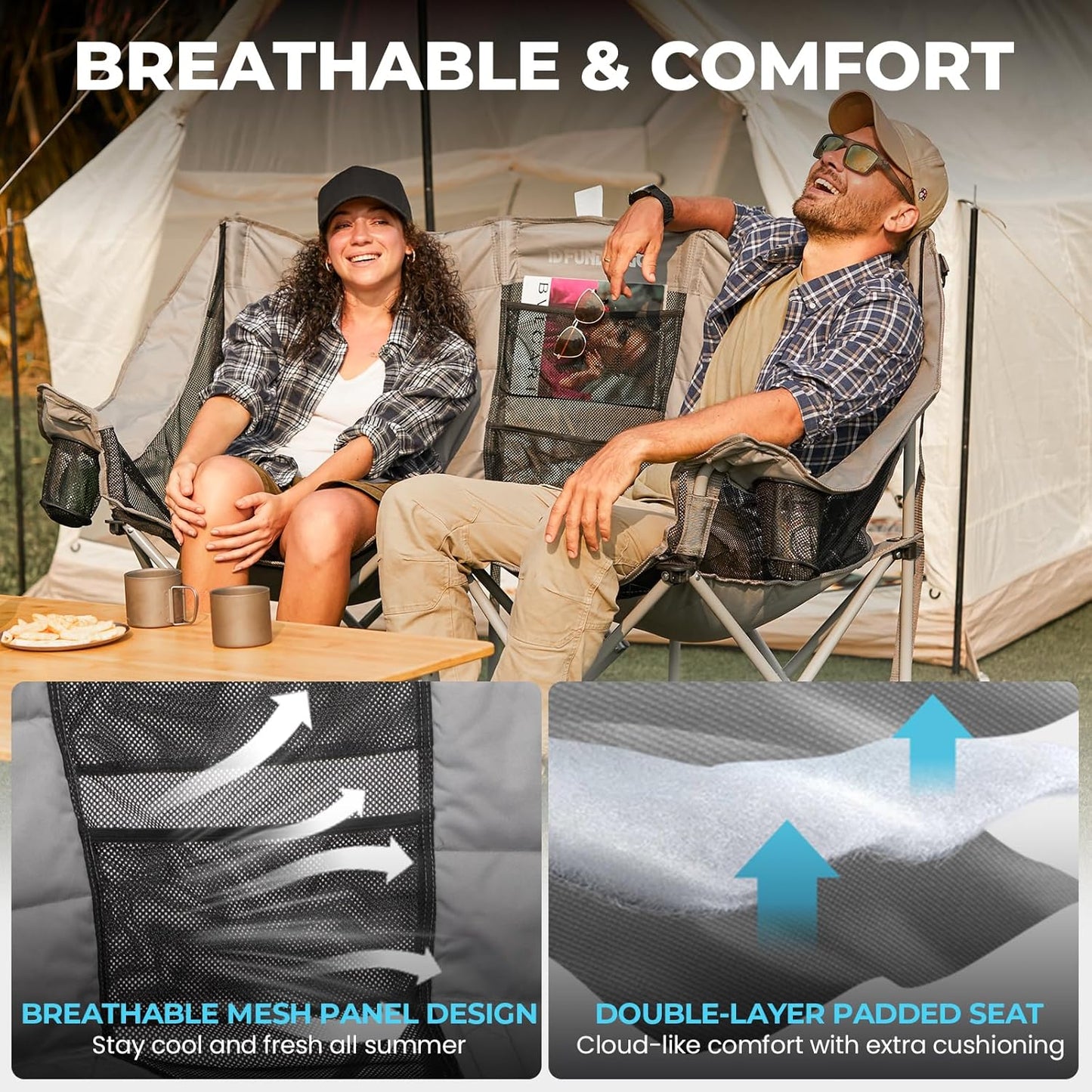 Double Camping Chair with Cooler 3-Person Folding Extra Large Camping Chair with 1000-Pound Load Capacity