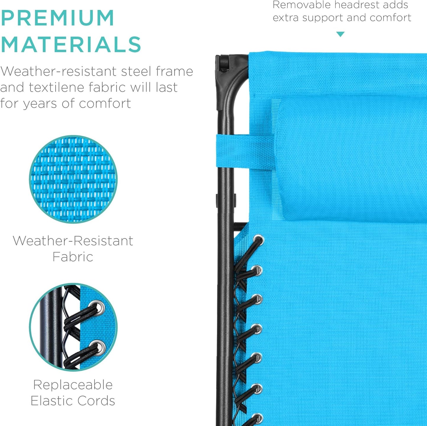 Best Choice Products Folding Zero Gravity Outdoor Recliner Patio Lounge Chair w/Adjustable Canopy Shade, Headrest, Side Accessory Tray, Textilene Mesh - Peacock Blue