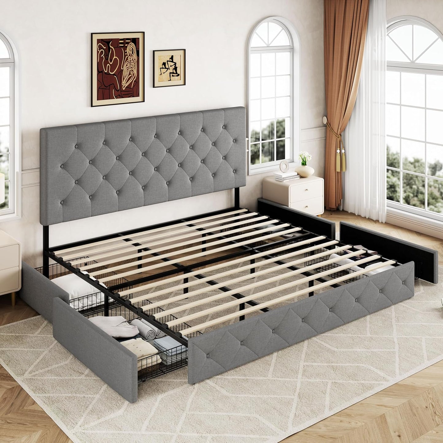 Allewie Upholstered Queen Size Platform Bed Frame with 4 Storage Drawers and Headboard, Square Stitched Button Tufted, Mattress Foundation with Wooden Slats Support, No Box Spring Needed