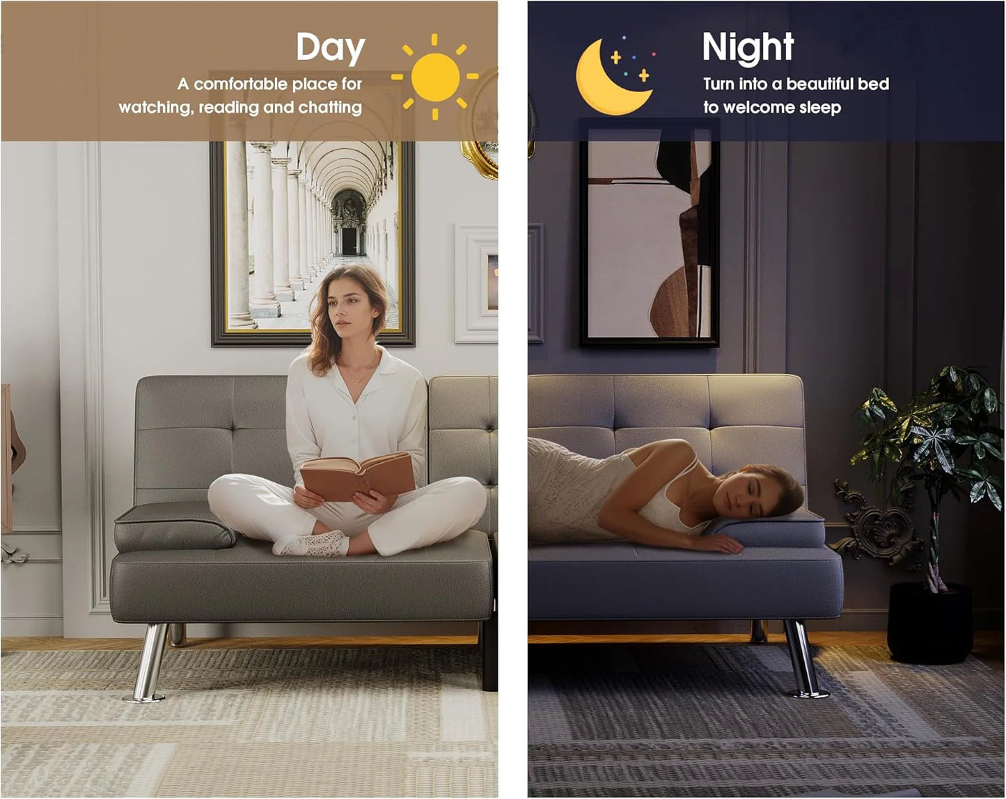 Flamaker Futon Sofa Bed Modern Folding Futon Set Convertible Recliner Lounge for Living Room with 2 Cup Holders, Removable Armrests (PU Leather, Black)