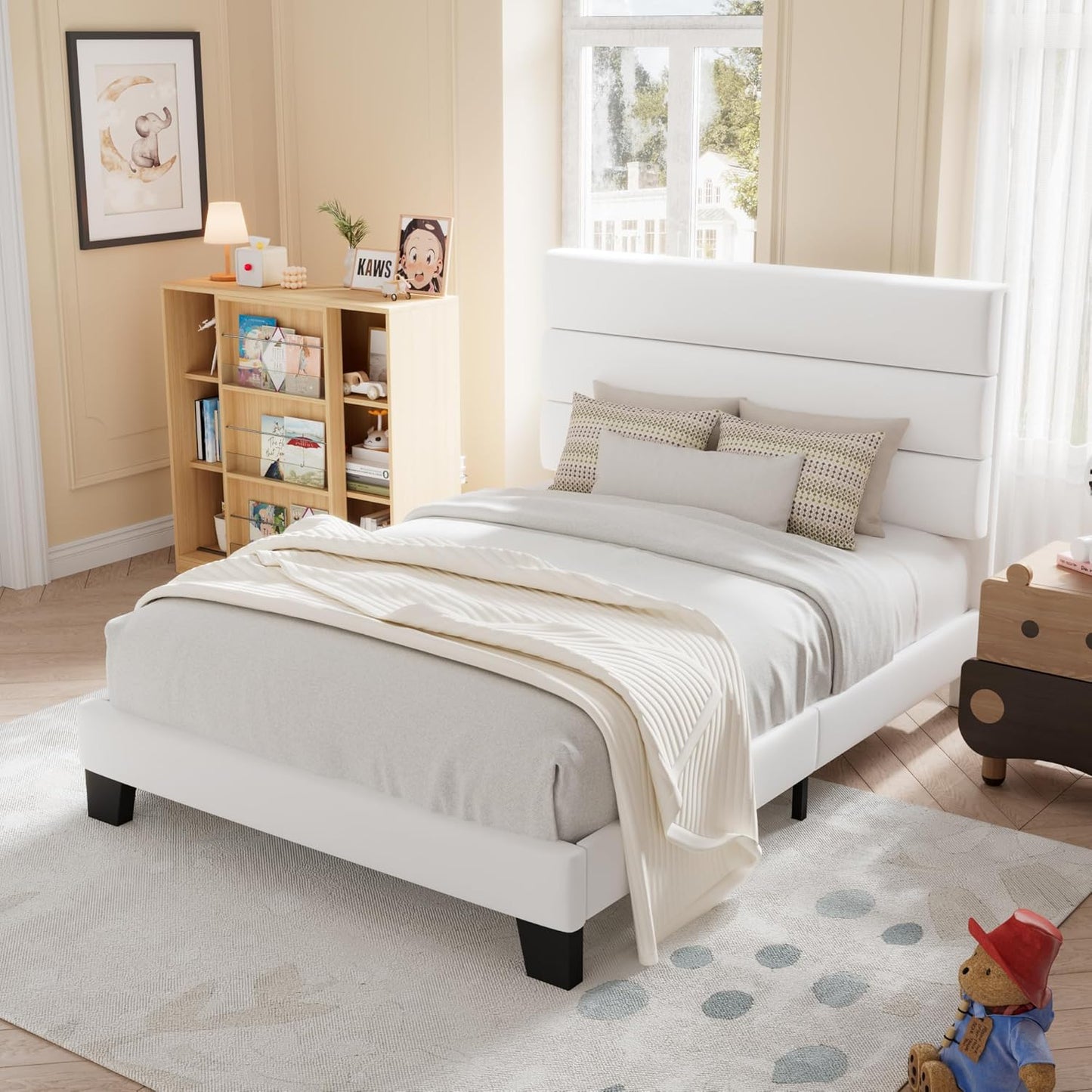 Allewie Queen Size Platform Bed Frame with Fabric Upholstered Headboard and Wooden Slats Support, Fully Upholstered Mattress Foundation/No Box Spring Needed