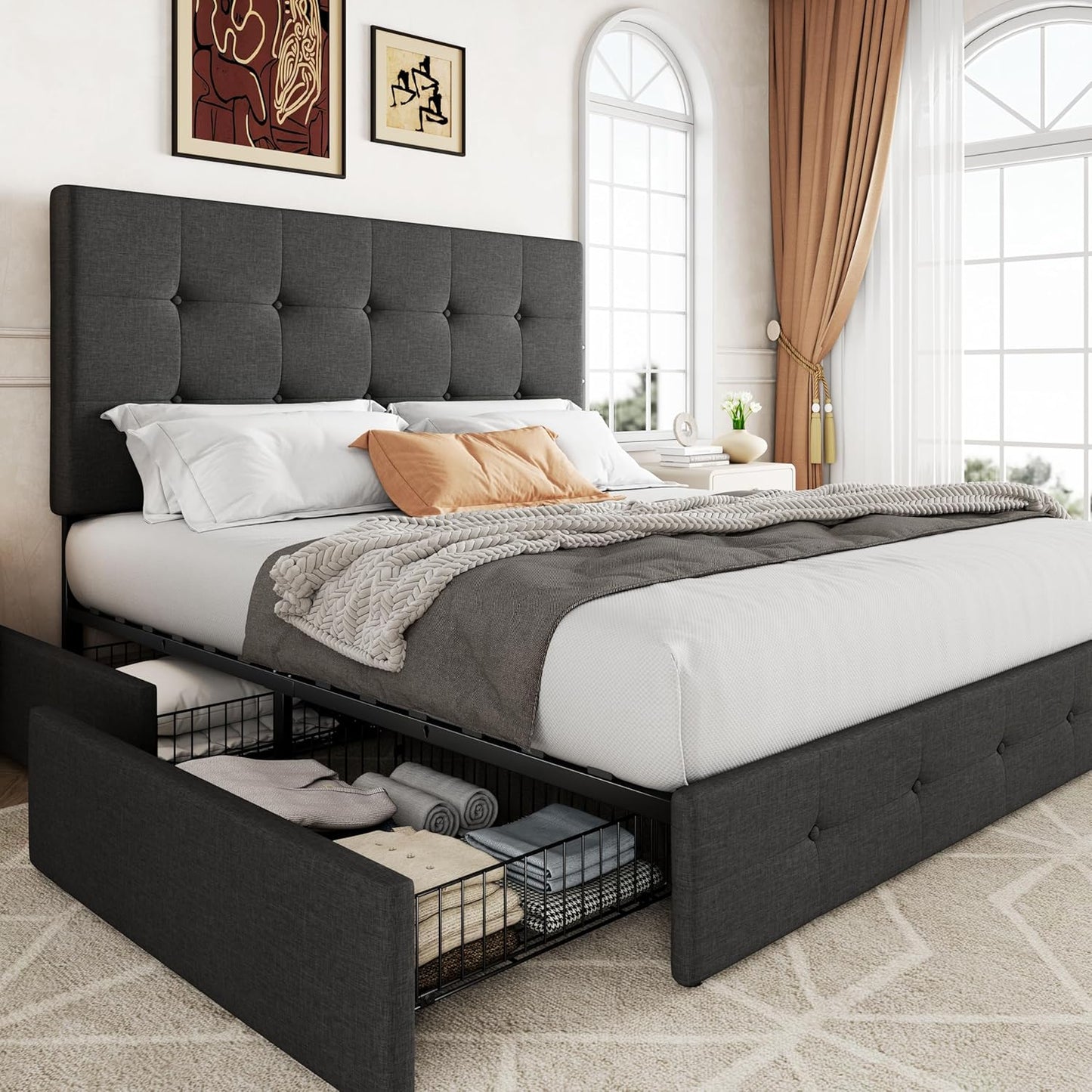 Allewie Upholstered Queen Size Platform Bed Frame with 4 Storage Drawers and Headboard, Square Stitched Button Tufted, Mattress Foundation with Wooden Slats Support, No Box Spring Needed