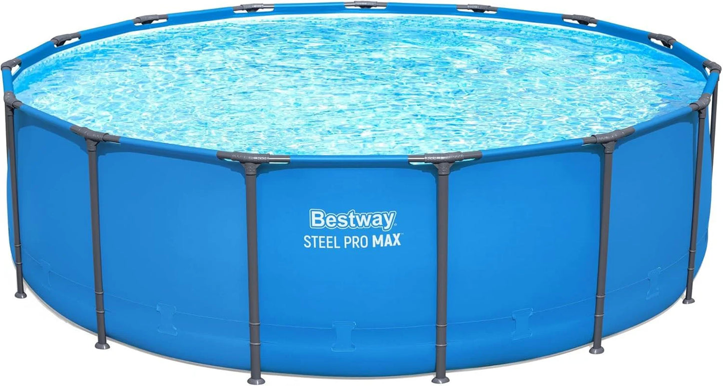 Steel Pro MAX 14 Foot x 48 Inch Round Metal Frame Above Ground Outdoor Swimming Pool Set with 1,000 Filter Pump, Ladder, and Cover, Gray