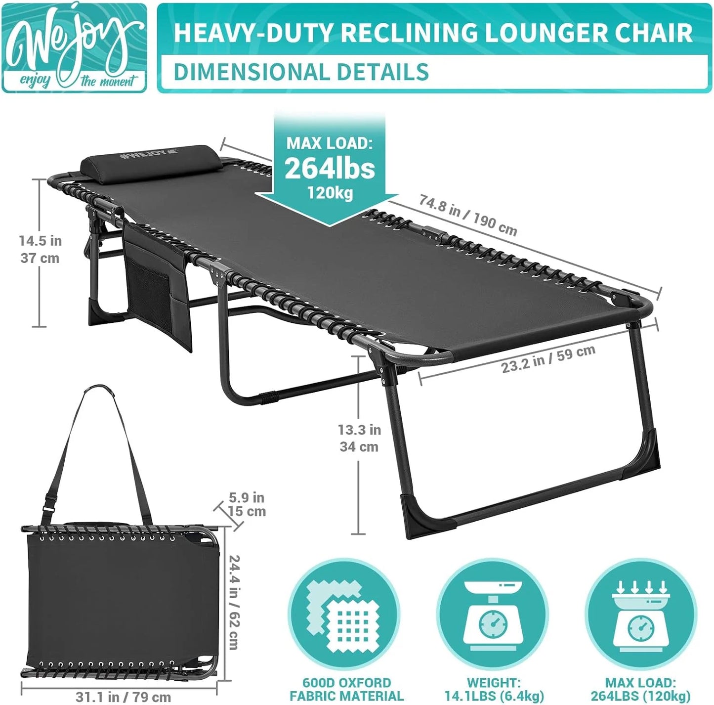 2 Pack Outdoor Chaise Lounge Chair - Portable Folding Patio Pool Lounge Chair, 5 Positions Adjustable Reclining Camping Chair with Side Table,Shoulder Strap, Pillow for Beach Sunbathing Lawn