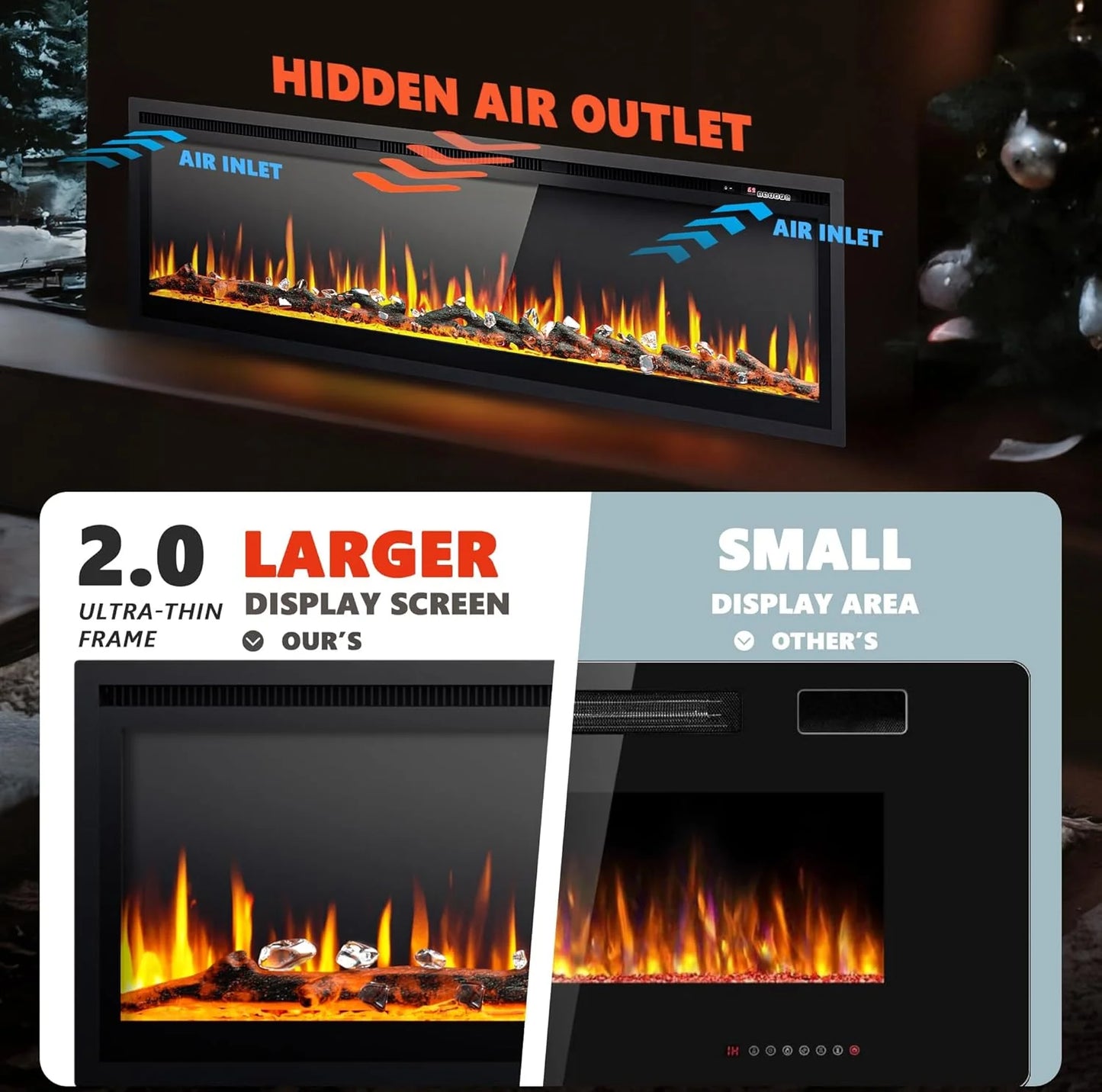 EUHOMY 50 Inch Electric Fireplace Wall Recessed and Wall Mounted with Adjustable Flame Color, Fireplace Heater with Remote Control, Linear Fireplace with Timer, Touch Screen, Log & Crystal, 750/1500W