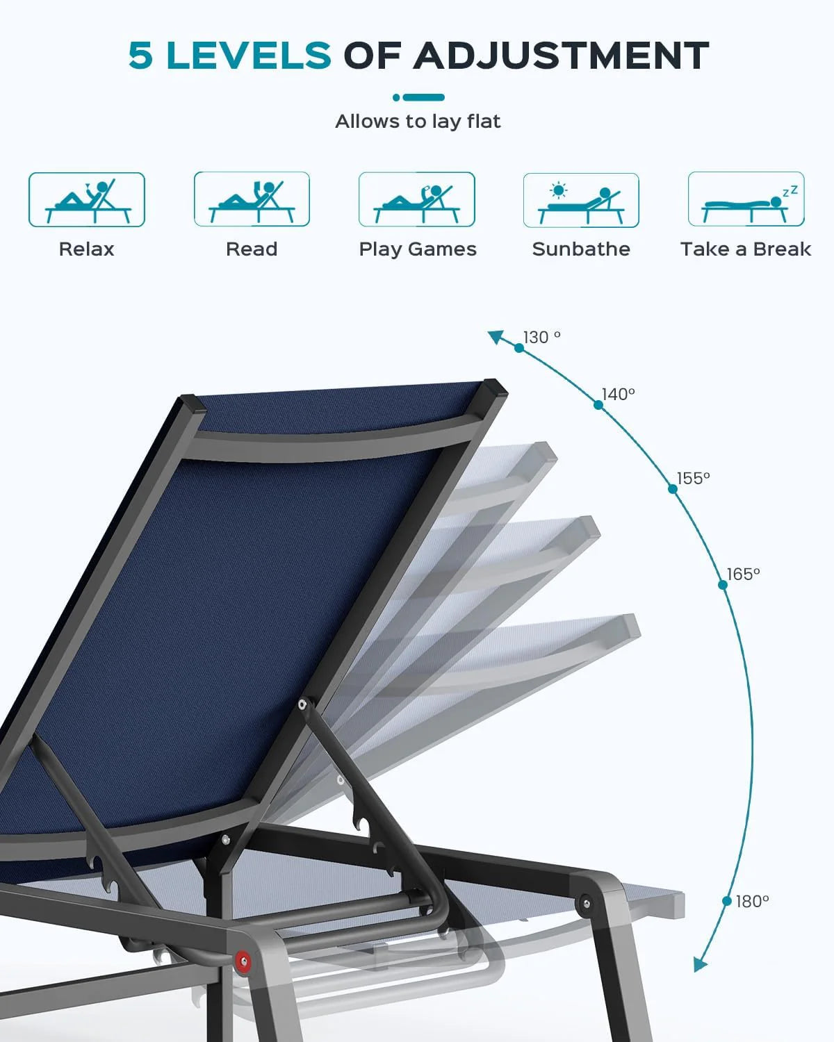 Aluminum Chaise Lounge Ourdoor - Foldable & Assemble Free Outdoor Lounge Chair with 5 Adjustable Backrest, Patio Lounge Chair for Outside Poolside Beach Pool, Black