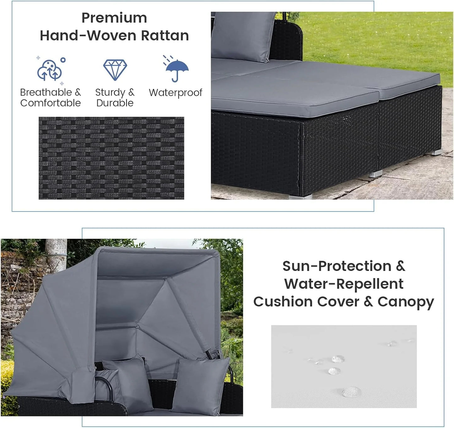 RELAX4LIFE Patio Outdoor Daybed with Canopy, Wicker Sunbed w/Cushions, 4 Pillows & 2 Retractable Side Trays, 2-Person Lounge Bed Conversation for Poolside Porch Garden, Rattan Outdoor Bed (Turquoise)