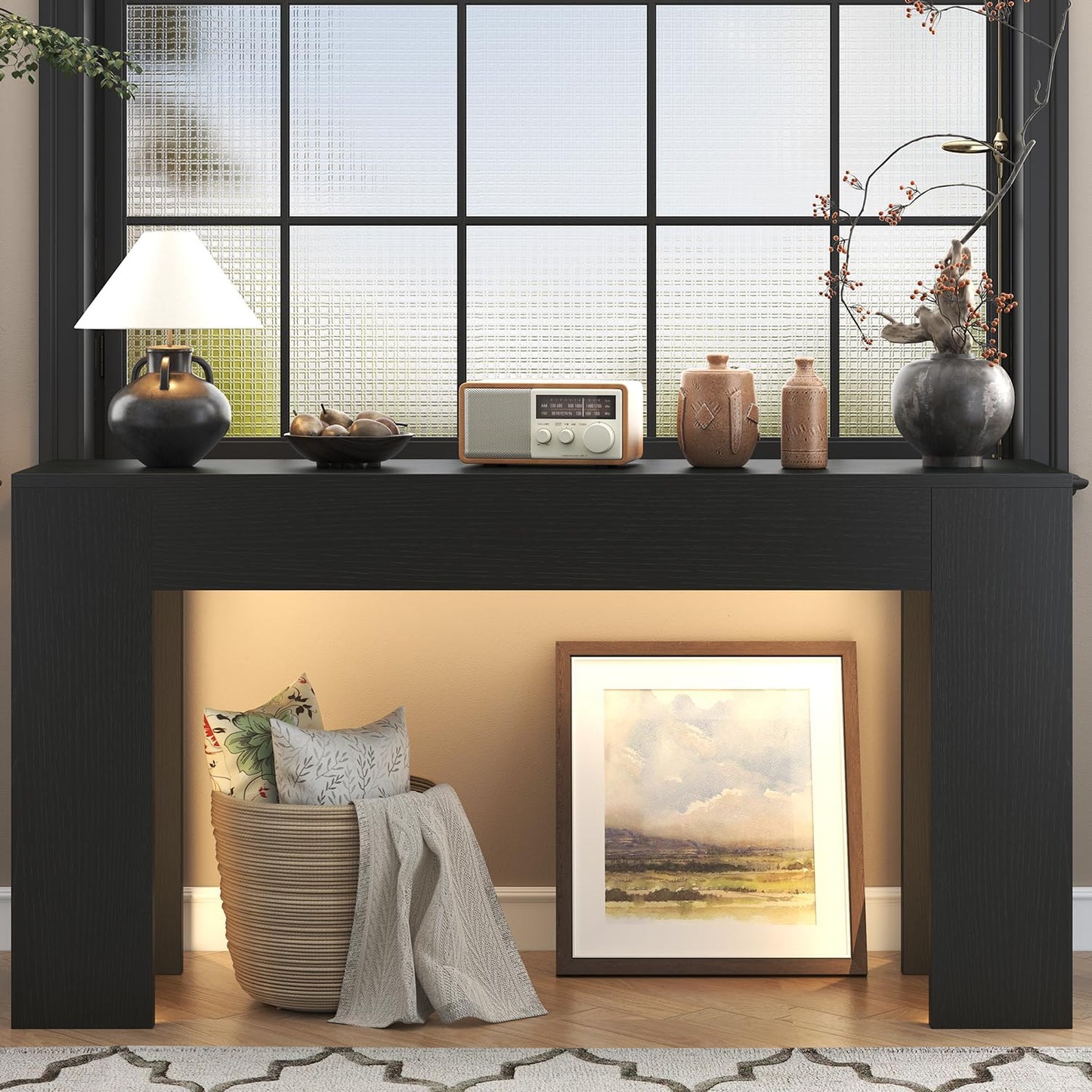 63-Inch Long Console Table with LED Light Farmhouse Sofa Table Behind Couch