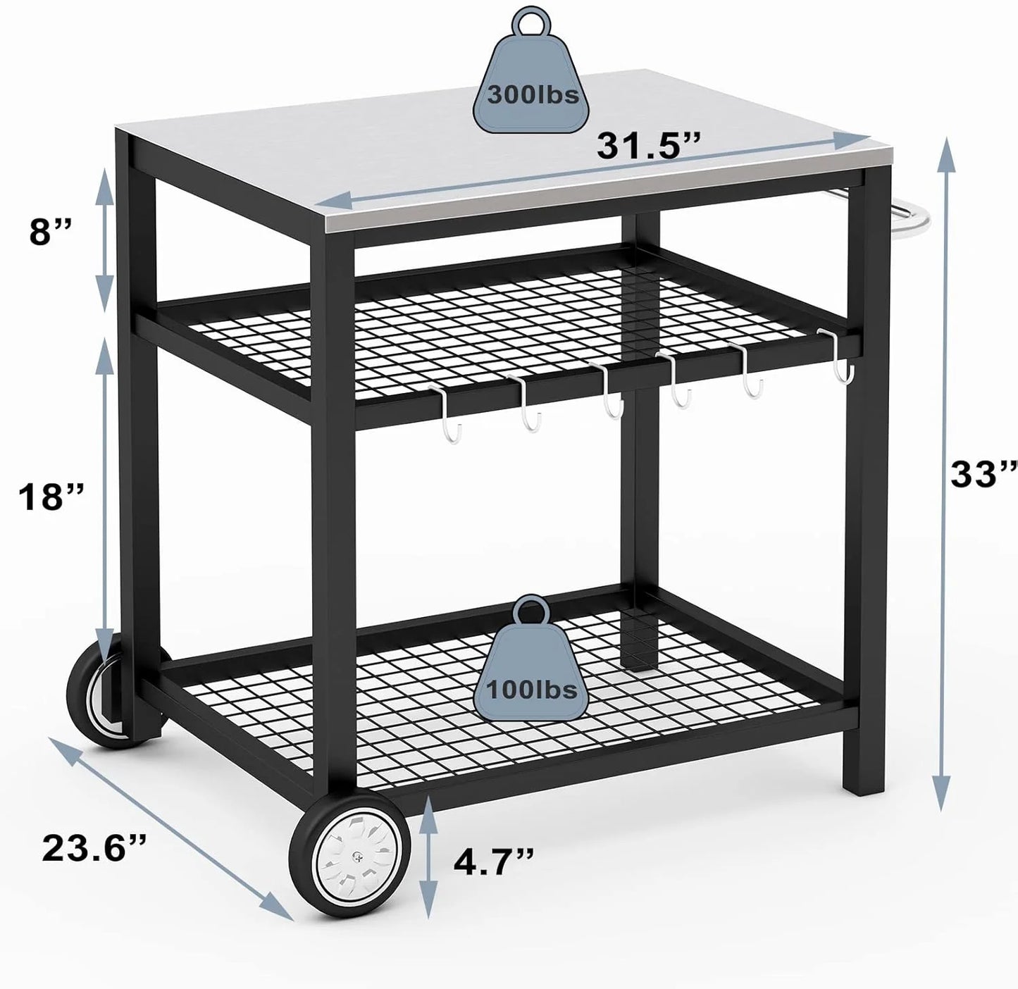 Stainless Steel Outdoor Grill Cart Pizza Oven Stand Trolley Table with Wheels Three-Shelf Movable Food Prep and Work Table Heavy Duty Grill Carts Outdoor Cart 31.5"×24"×35.5"