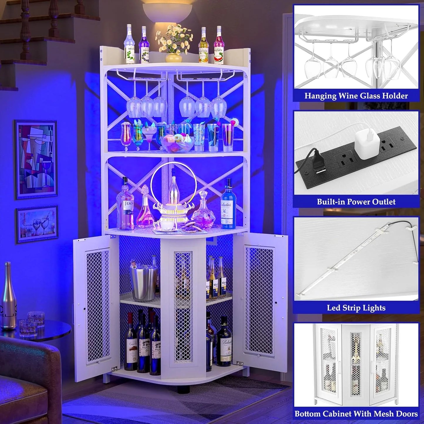 Corner bar cabinet with power socket, industrial style wine cabinet with LED light strip and glass rack, home five-layer wine cabinet bar unit, small space corner display cabinet