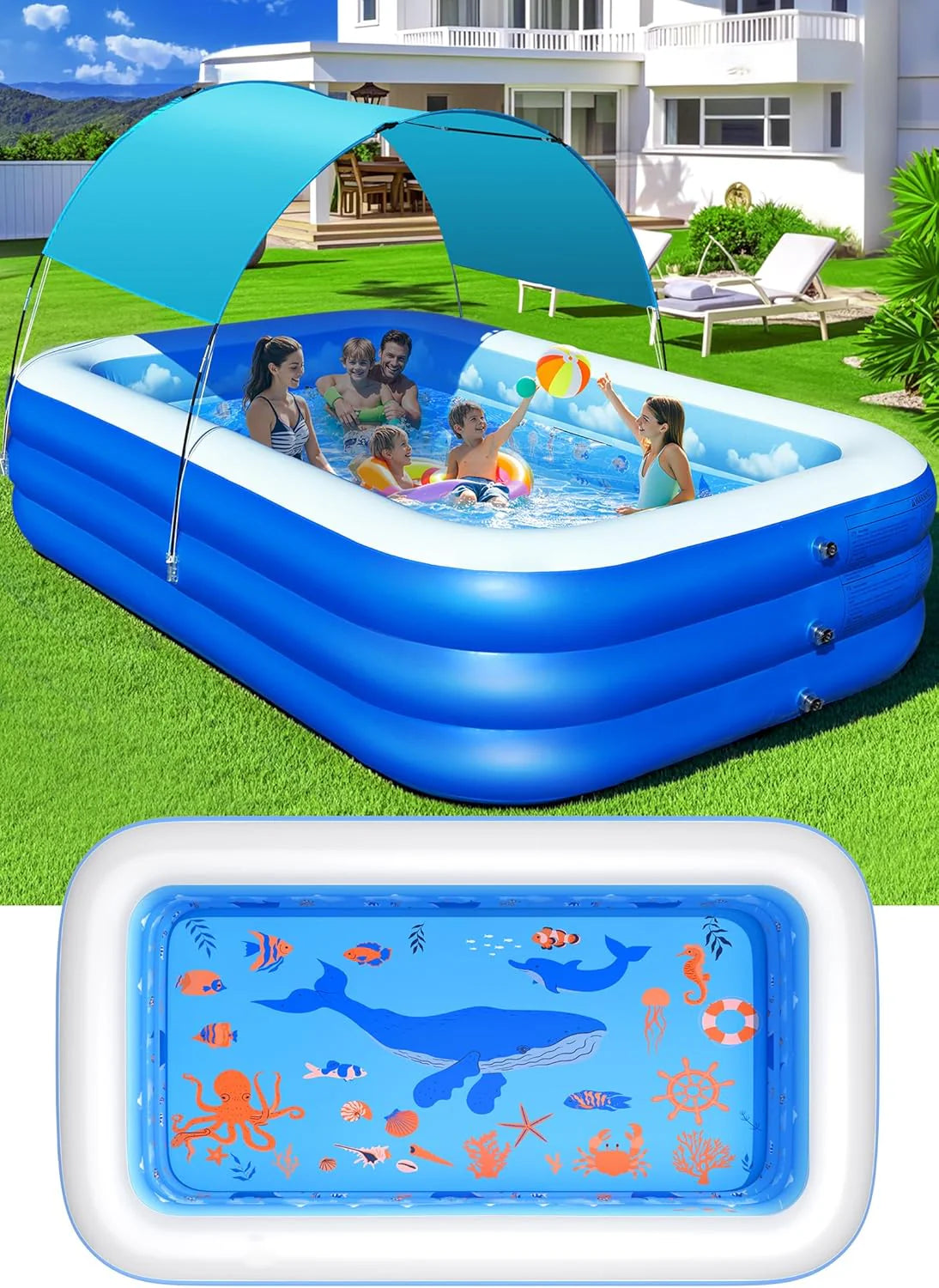 Inflatable Pool with Canopy,Upgraded Inflatable Swimming Pool for Kids,Adult,Large Inflatable Blow up Pools,Ocean Theme Oversized Thickened 105"x75"x25"Inflatable Family Pools for Backyard-Blue
