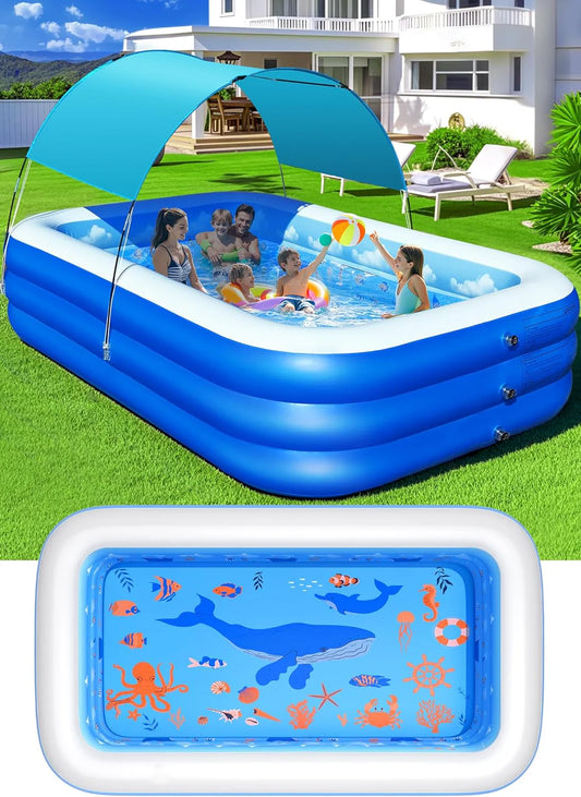 Inflatable Pool with Canopy,Upgraded Inflatable Swimming Pool for Kids,Adult,Large Inflatable Blow up Pools,Ocean Theme Oversized Thickened 105"x75"x25"Inflatable Family Pools for Backyard-Blue