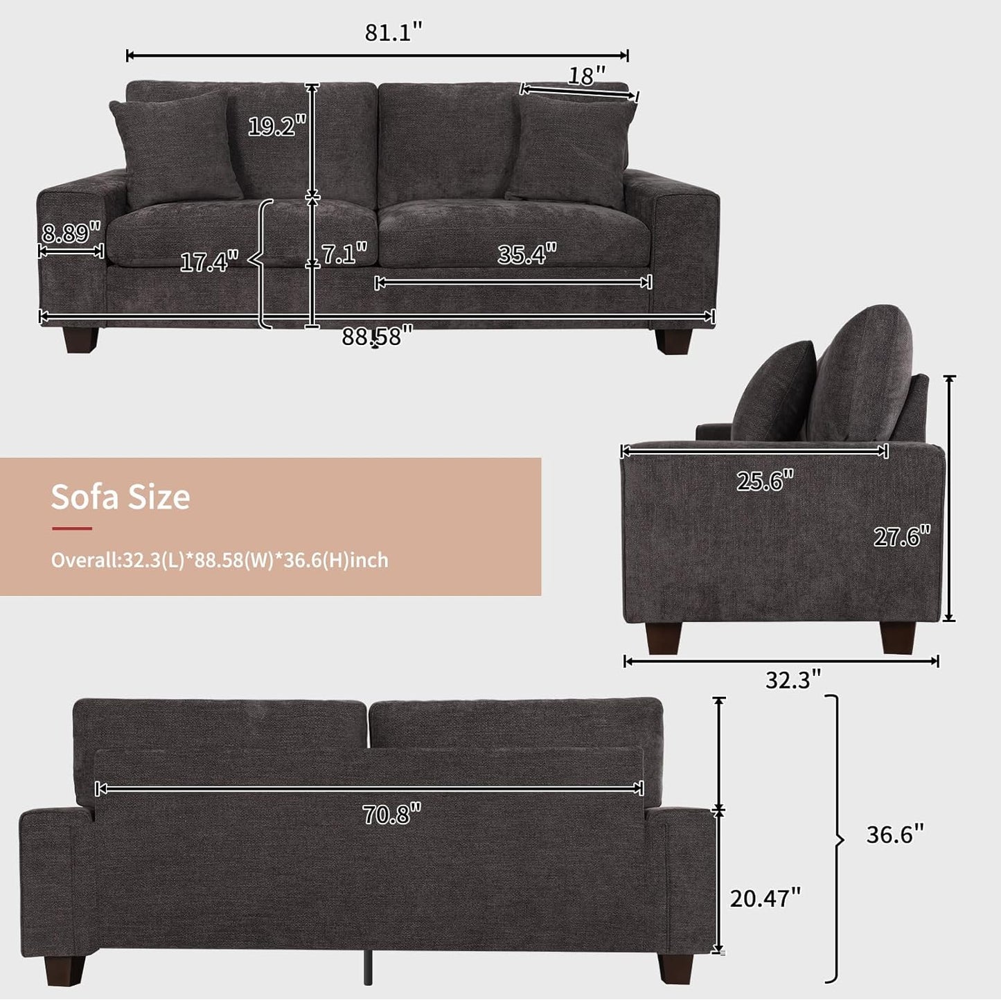 DOPEDIO living room double sofa, chenille lounge chair, removable, solid wood frame