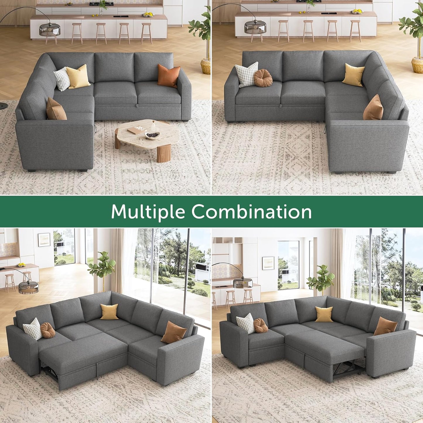 HONBAY Modular Sectional Sleeper Sofa with Pull Out Bed, L Shaped Couch with Storage Seat, Convertible Sectional Couches for Living Room