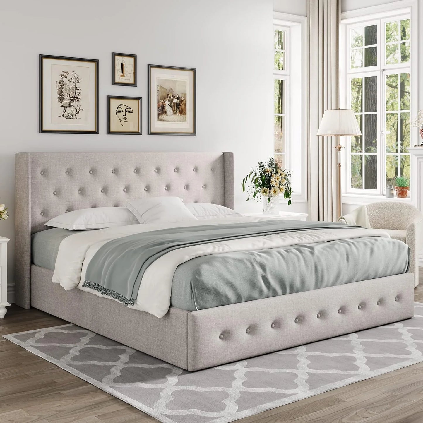 Allewie Queen Size Lift Up Storage Bed, Modern Wingback Headboard, Hydraulic Support, No Box Spring Needed, Light Beige