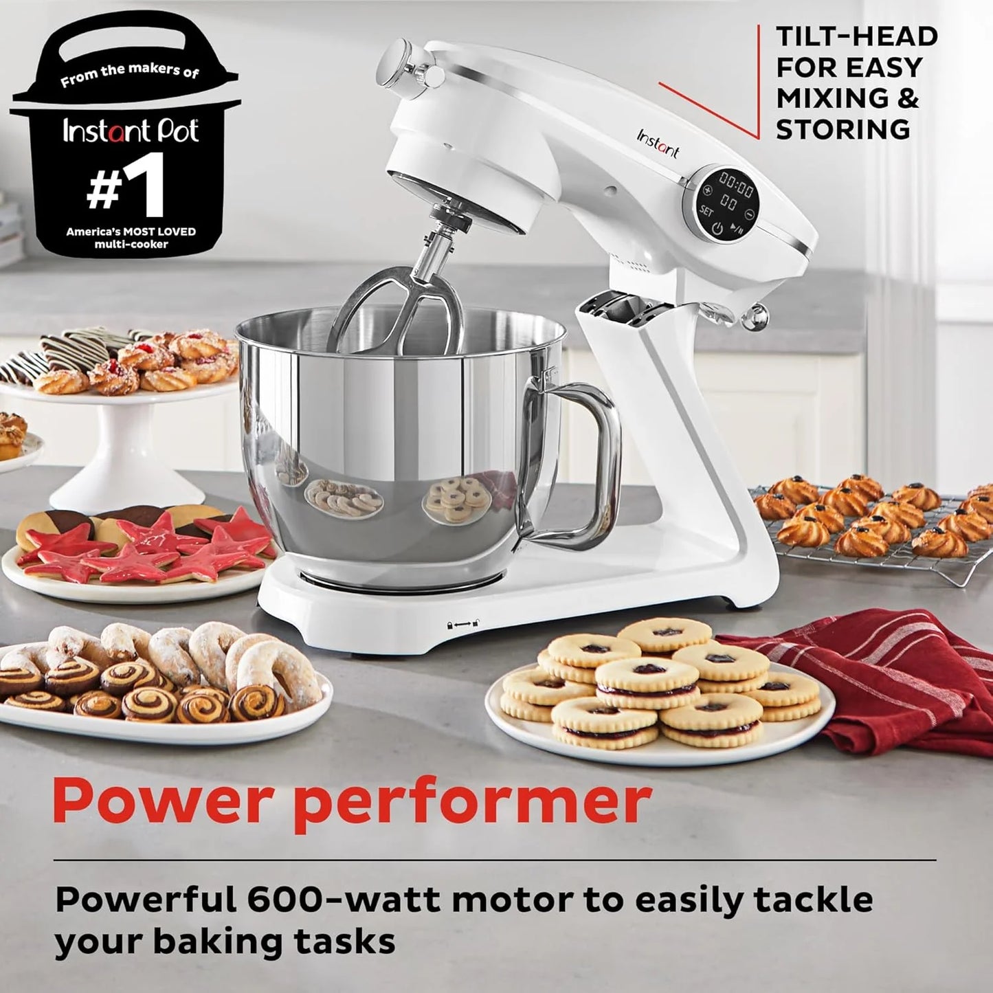 Instant Pot Instant Stand Mixer Pro 600W 10-Speed Electric Mixer with Digital Interface,7.4-Qt Stainless Steel Bowl,Dishwasher Safe Whisk,Dough Hook and Mixing Paddle