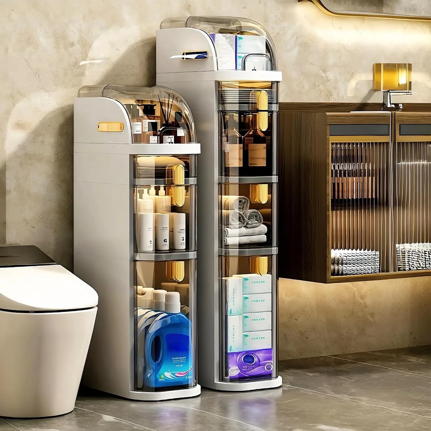 4-Tiers Narrow Bathroom Storage Cabinet 7.1″ Slim Bathroom Floor Organizer with Drawers and Tissue Box Plastic Waterproof Mobile Locker