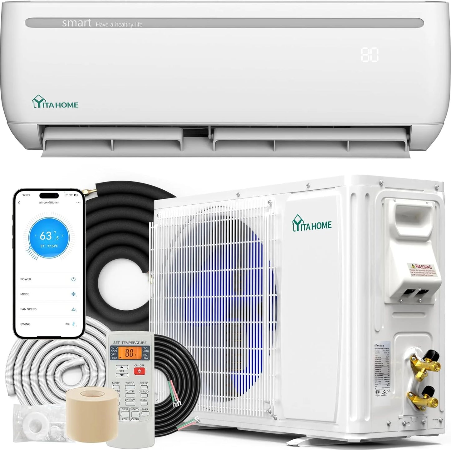 12000 BTU Mini Split Air Conditioner Heat Pump System, Wifi Enabled 20 SEER2 115V Inverter Ductless AC Cool Up to 750 Sq. Ft, Compatible with Alexa, Complete Installation Kit, White