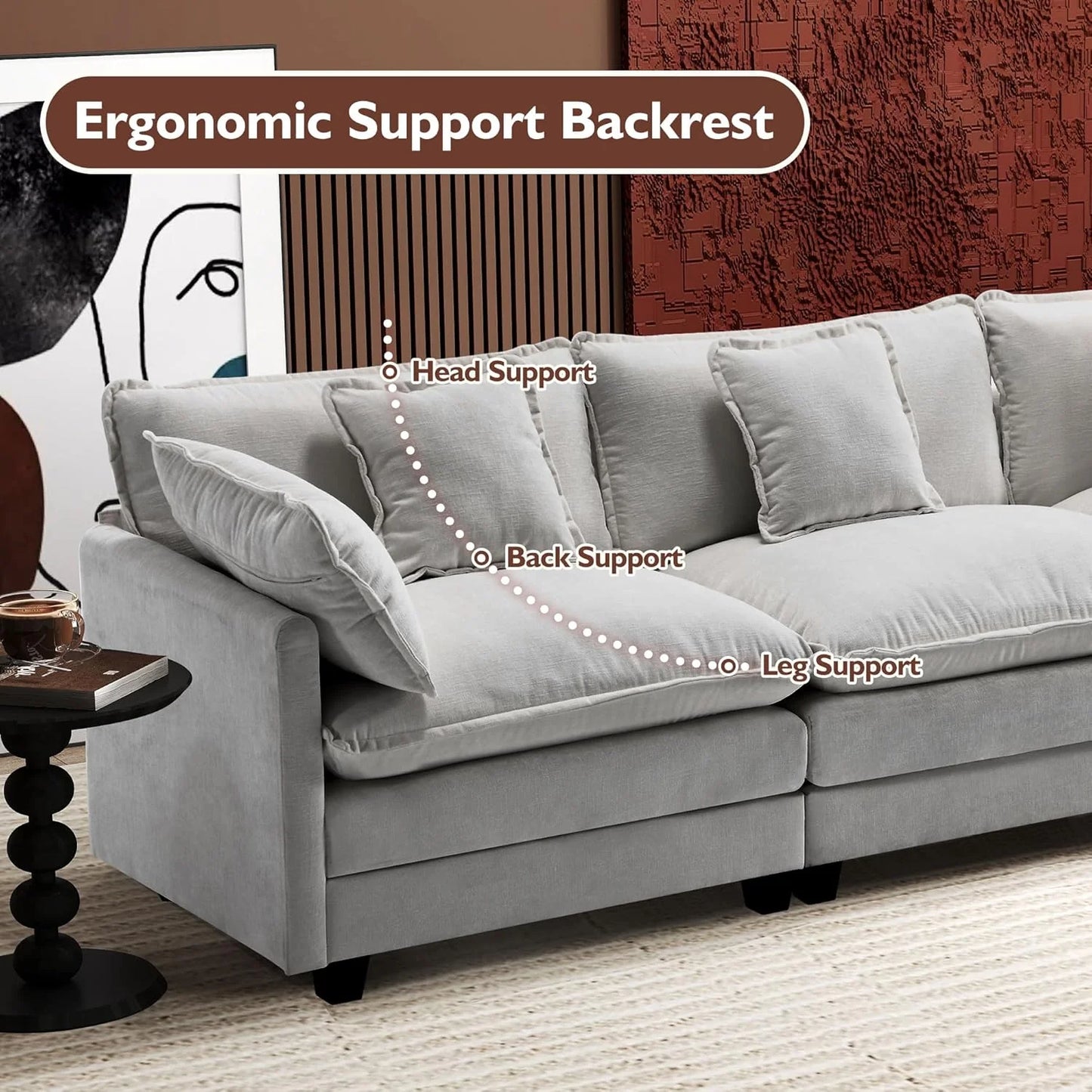 111.4 Inch L-Shaped Modern Sofa Modular Cloud Sofa with Ottoman, 4-Seater Chenille Deep Seat Sofa with Pillows for Living Room, Bedroom and Apartment, Beige