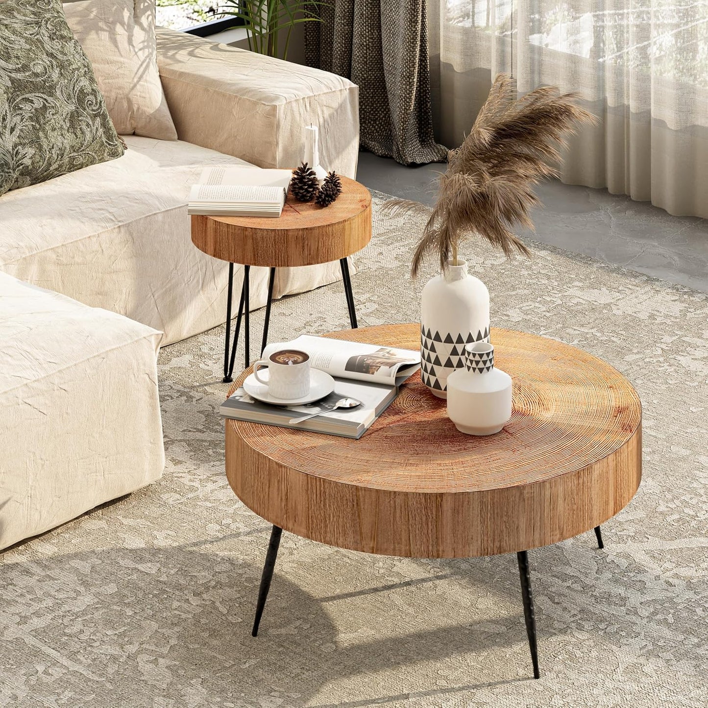 Two-Piece Modern Farmhouse Living Room Coffee Table Set, Round Nesting Tables