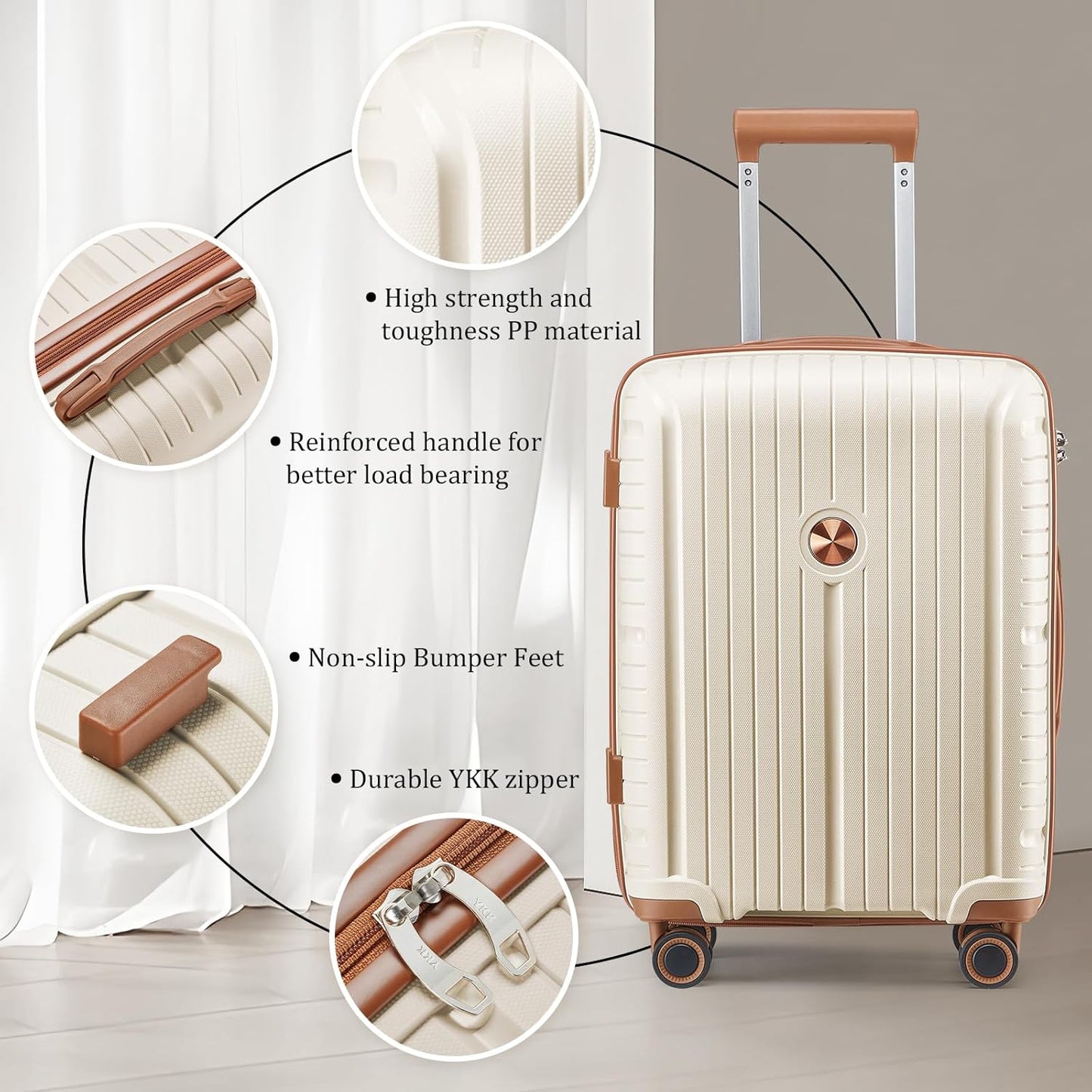 5-piece PP hardshell lightweight travel carry-on luggage set with dual spinner wheels and TSA lock