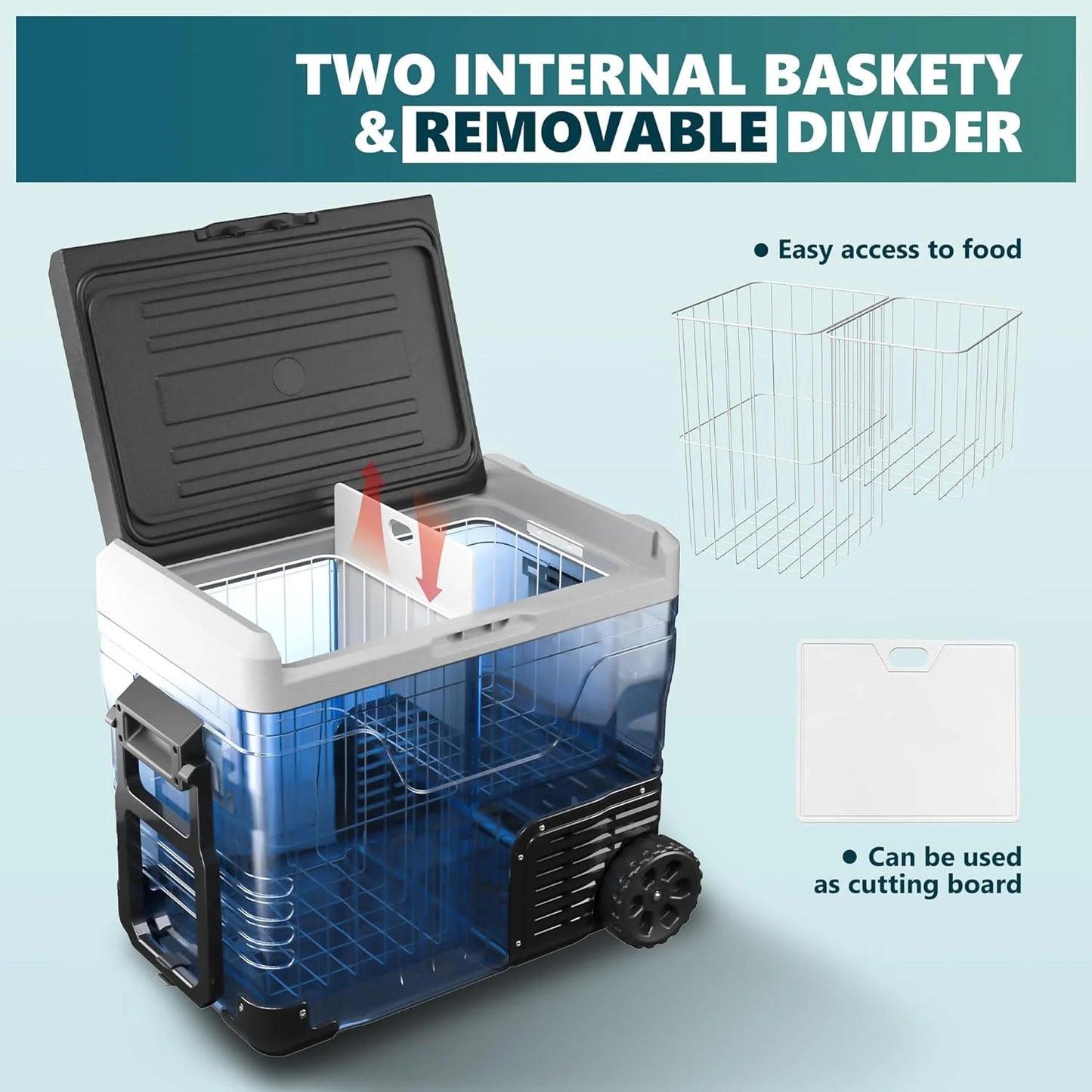 EUHOMY 12 Volt Refrigerator, 53QT(50L) Electric Cooler, Portable Freezer 12V/24V DC 110-240V AC, 12V Fridge -4℉~68℉, 12V Cooler with Wheels & 2 Baskets for Travel, Truck, Boat, Camping