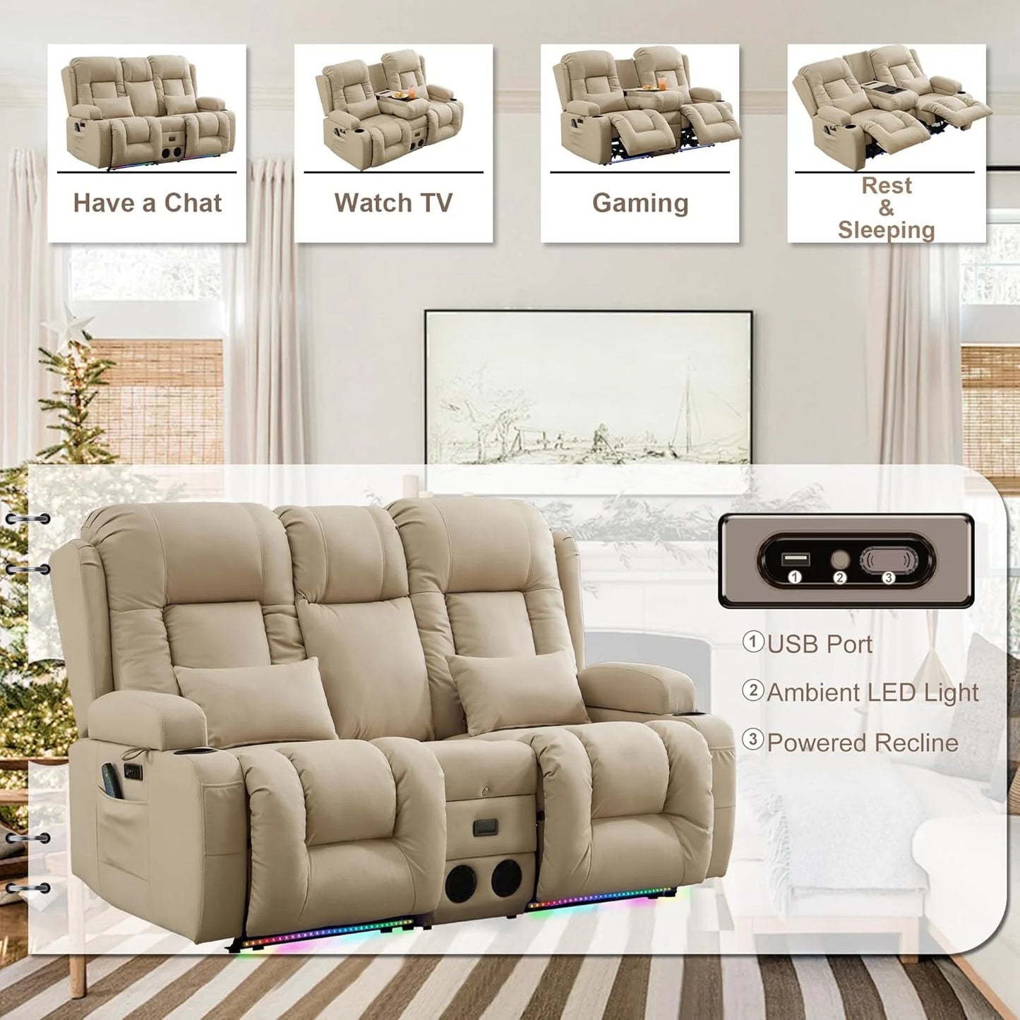 TUNYI Power Loveseat Recliner Sofa with Massage & Heat Home Theater Seating with Console Electric Recliner RV Sofa with USB/Outlet/Storage/Side Pocket/LED Light/Speaker (Brown, Loveseat)