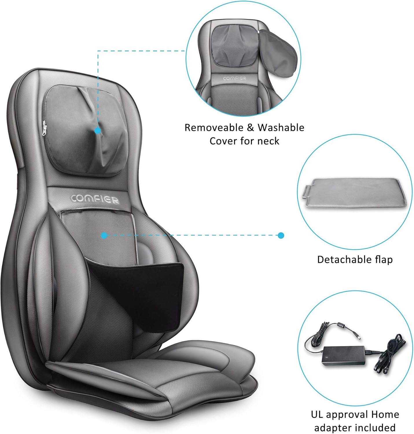 COMFIER Massager Chair with Heat Shiatsu Neck Back Massager Portable with Compress & Rolling Massage Chair Pad for Full Back Neck & Shoulders Full Body Pain