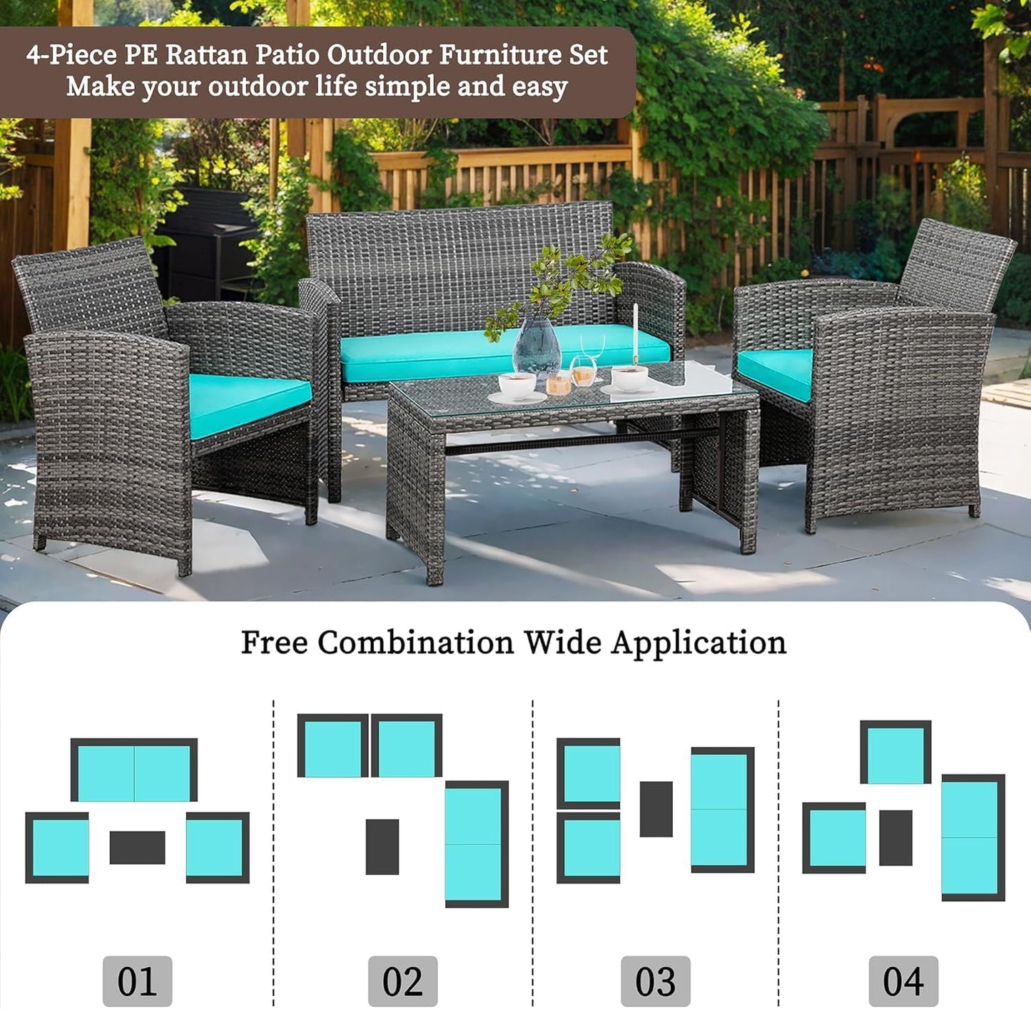 Shintenchi 4 Piece Patio Ratten Set Outdoor Furniture Set Wicker Conversation Set