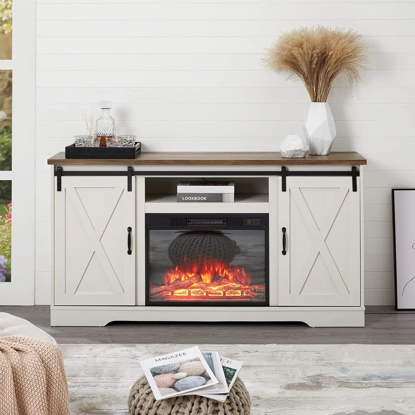 AMERLIFE Fireplace TV Stand with Sliding Barn Door for TVs up to 73", Farmhouse 63" Fireplace Entertainment Center with Storage Cabinets/Adjustable Shelves