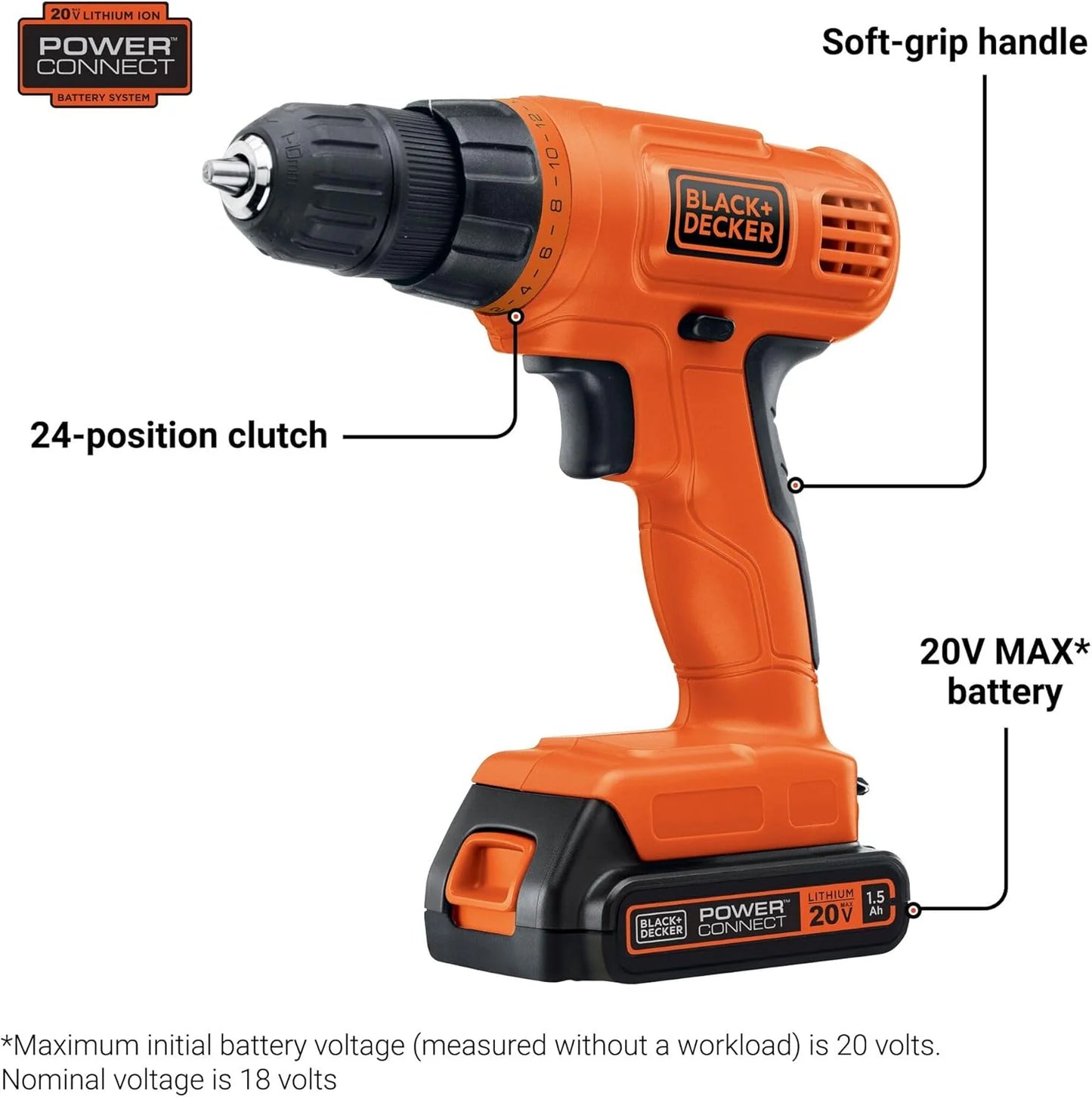 BLACK+DECKER 20V MAX POWERCONNECT Power Drill Cordless Drill Driver Electric Screwdriver with 30 Piece Bit Set and Drivers Kit, Battery and Charger Included (LD120VA)