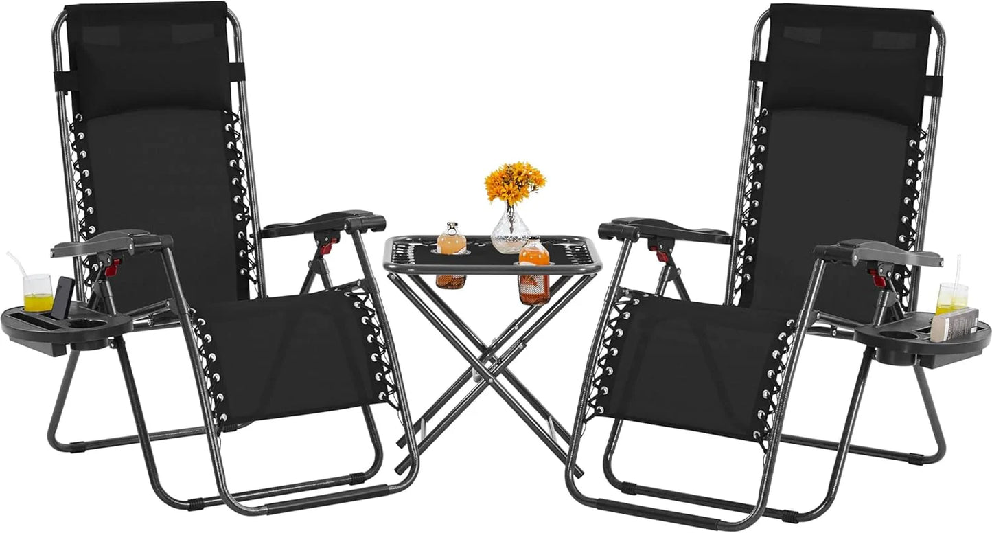 3PCS Zero Gravity Recliner Portable Outdoor Reclining Chair Set w/Side Table Folding Chaise Lounge Chairs