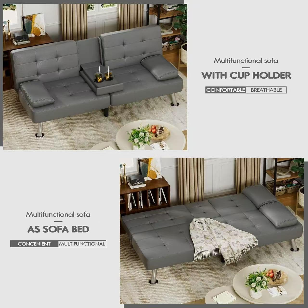 Homall Futon Sofa Bed, Leather Futon Couch with Removable Armrests, Adjustable Recliner Sleeper Sofa Bed with Dual Cup Holders for Living Room, Apartment