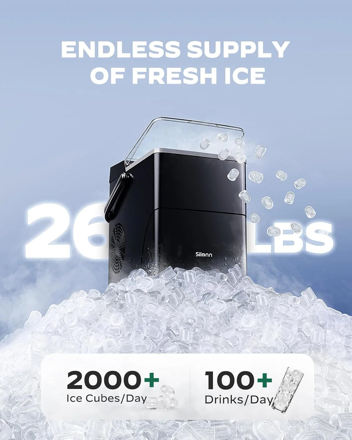 Silonn Countertop Ice Maker with Expanding Ice Basket, 9 Cubes in 6 Mins, 2.5L Ice Basket, Self-Cleaning Ice Maker with LED Touch Control, 2 Bullet Ice Sizes for Home, Kitchen, Office