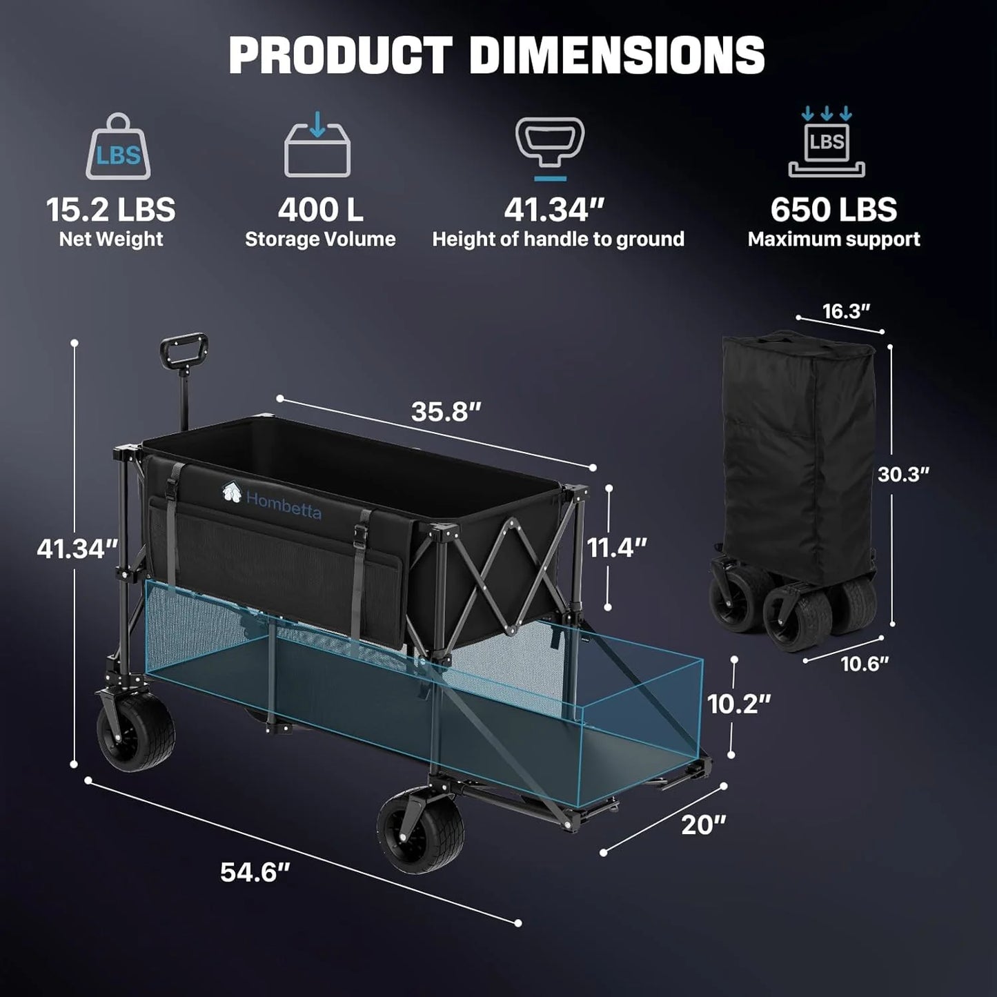 48" Extra Large Folding Travel Cart, 560 lb Capacity, 350 L Heavy Duty Utility Cart with Brakes and All-Terrain Wheels