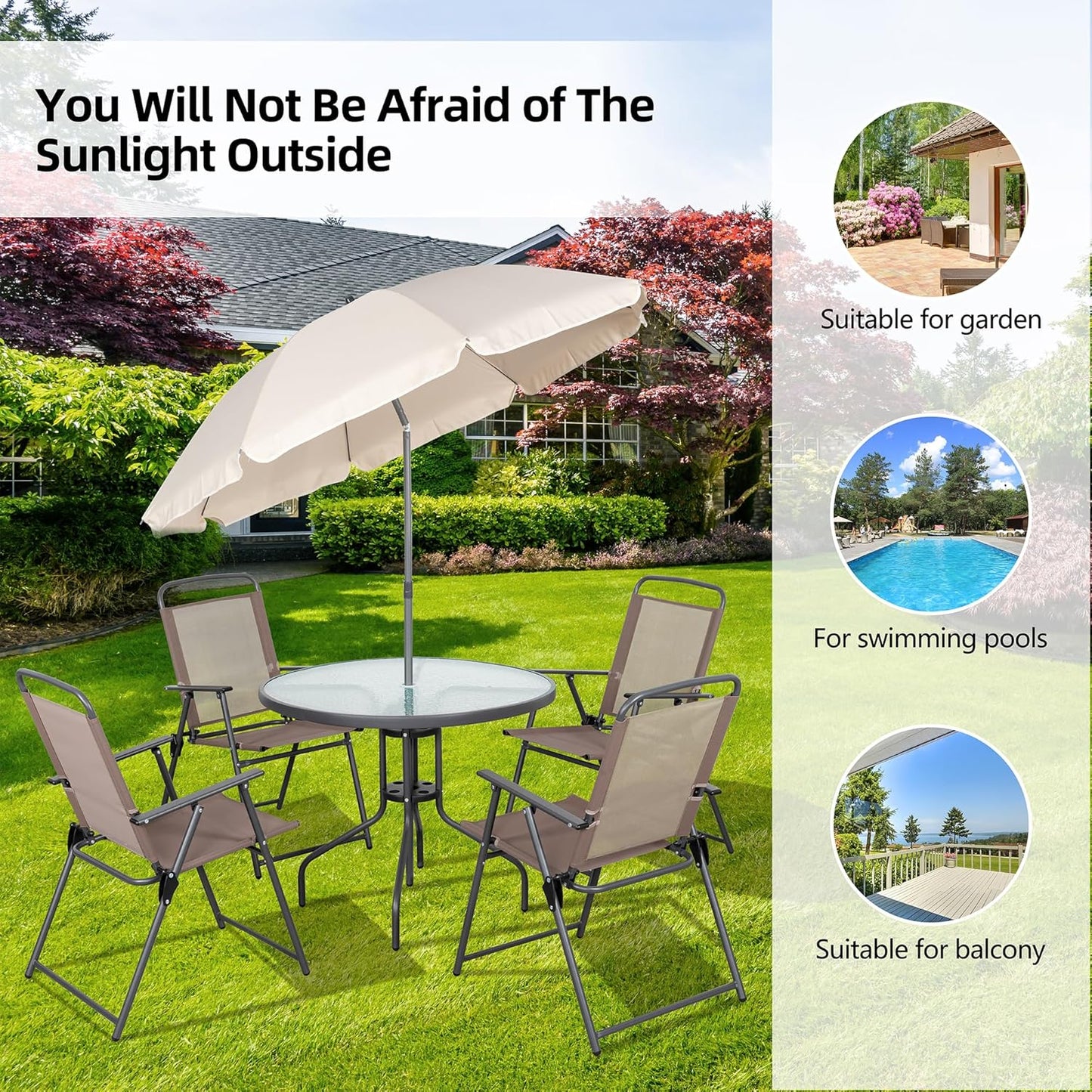 Vongrasig 6 Piece Folding Patio Dining Set,Small Metal Outdoor Garden Patio Table and Chair Set w/Umbrella for Lawn,Deck,Backyard,Black