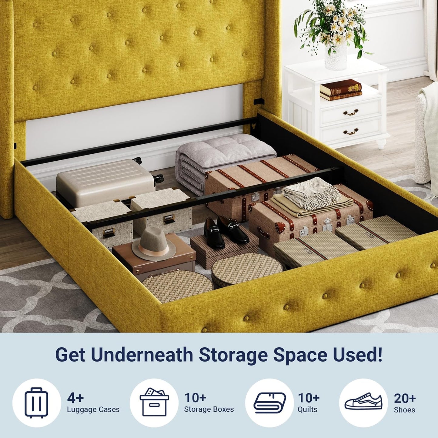 Allewie Queen Size Lift Up Storage Bed, Modern Wingback Headboard, Hydraulic Support, No Box Spring Needed, Light Beige