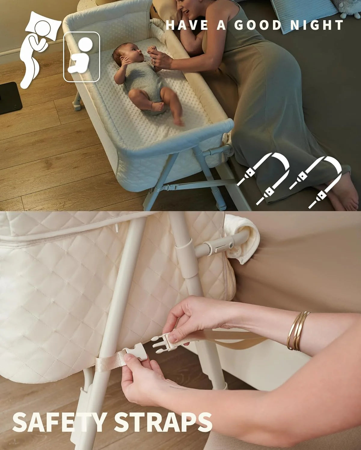 Bassinet Bedside Sleeper, Baby Crib for Newborn, Baby Bassinets Bedside Sleeper with 4 Auto-Lock & Adjustable Height, Breathable Mesh & Mattress