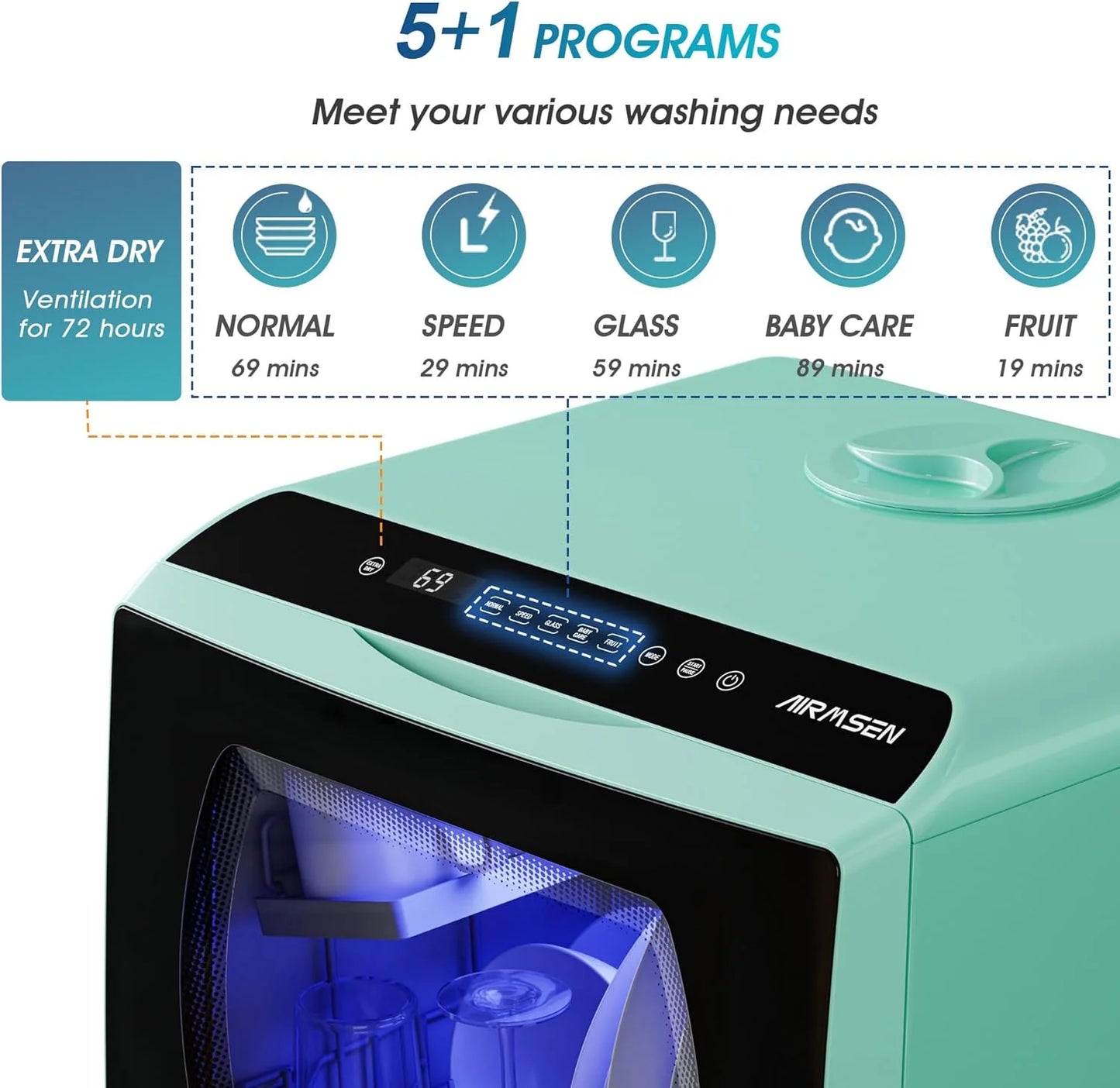 AIRMSEN portable tabletop dishwasher, 5 washing programs mini dishwasher